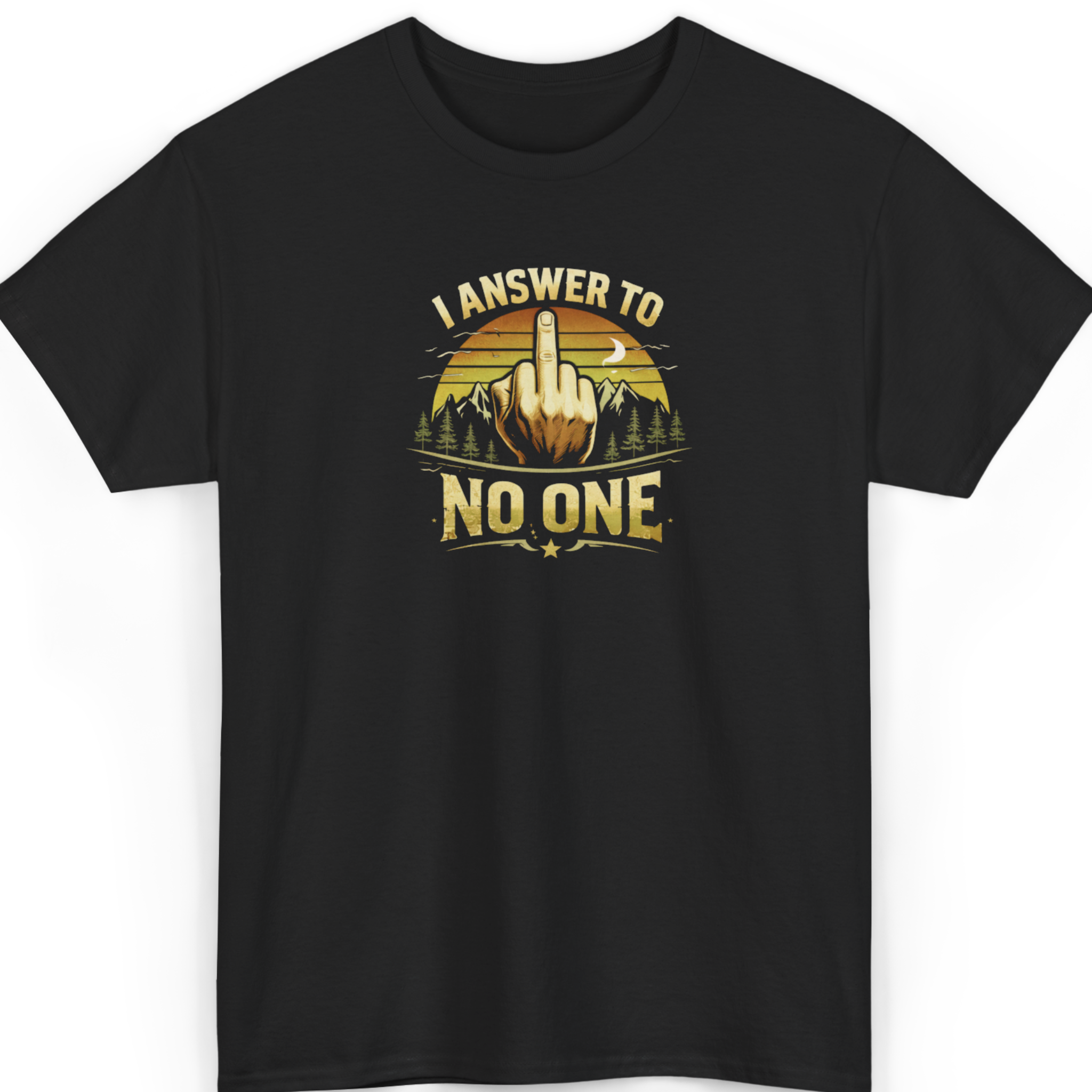Mayhem Haus I Answer To No One T-Shirt with a middle finger graphic and sunset mountains