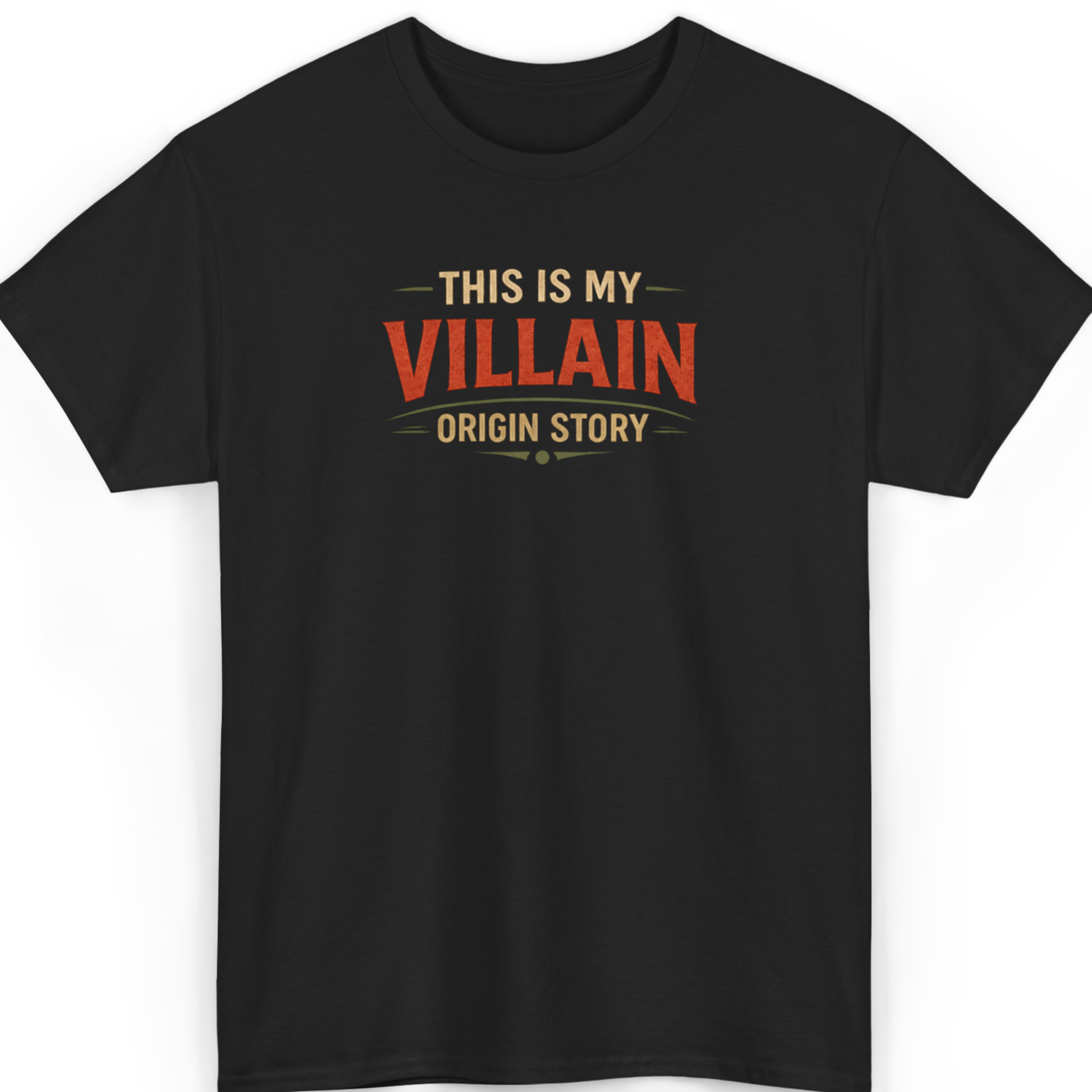 Mayhem Haus This Is My Villain Origin Story T-Shirt in black with red and gold text