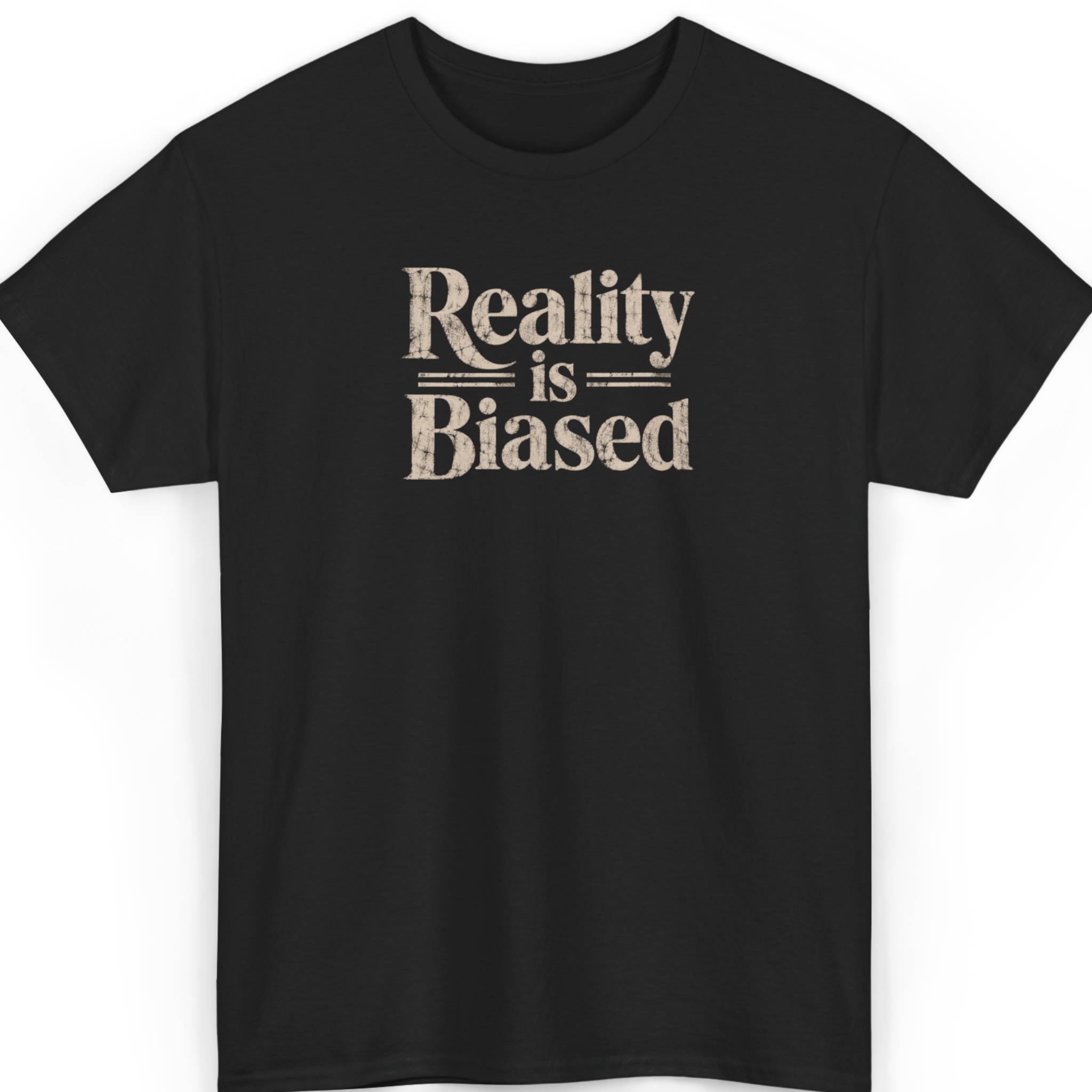 Mayhem Haus Reality Is Biased T-Shirt in black with distressed text