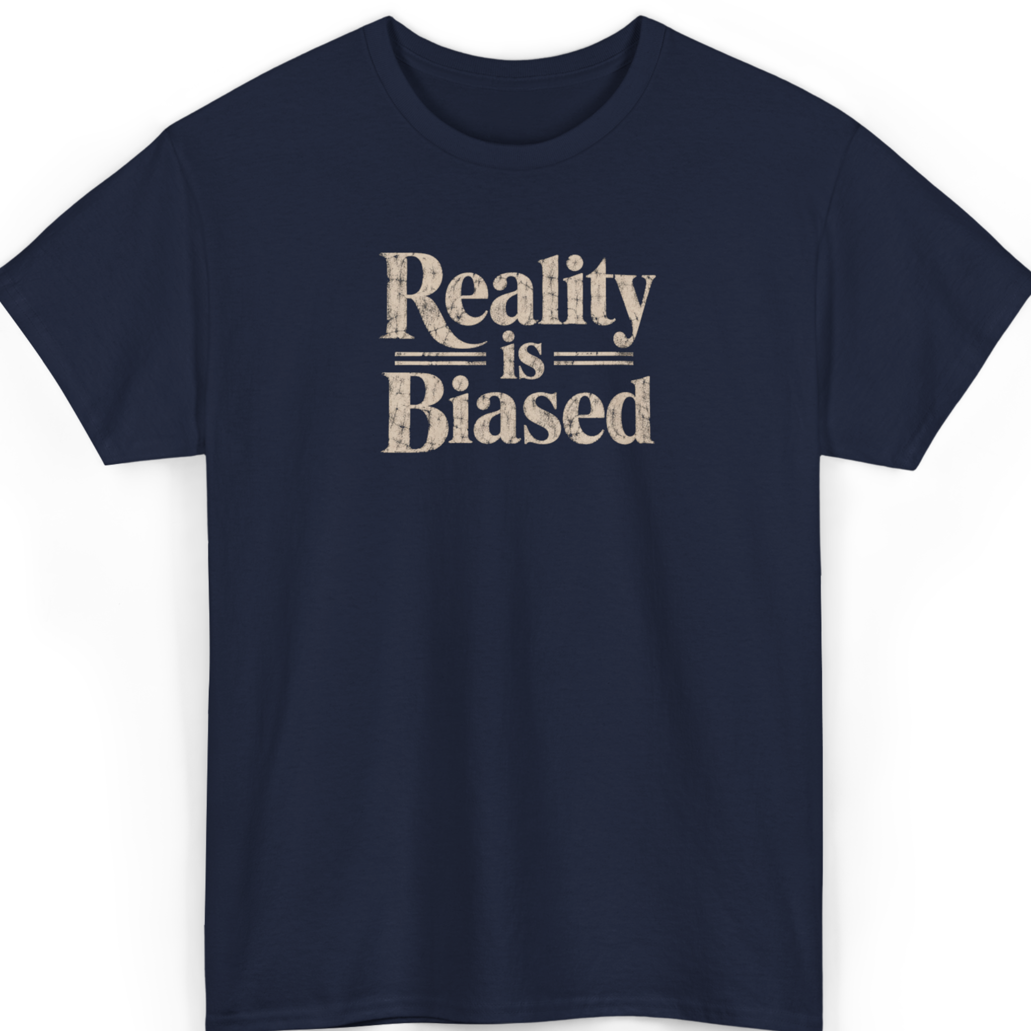Navy blue t-shirt with 'Reality is Biased' text on a white background