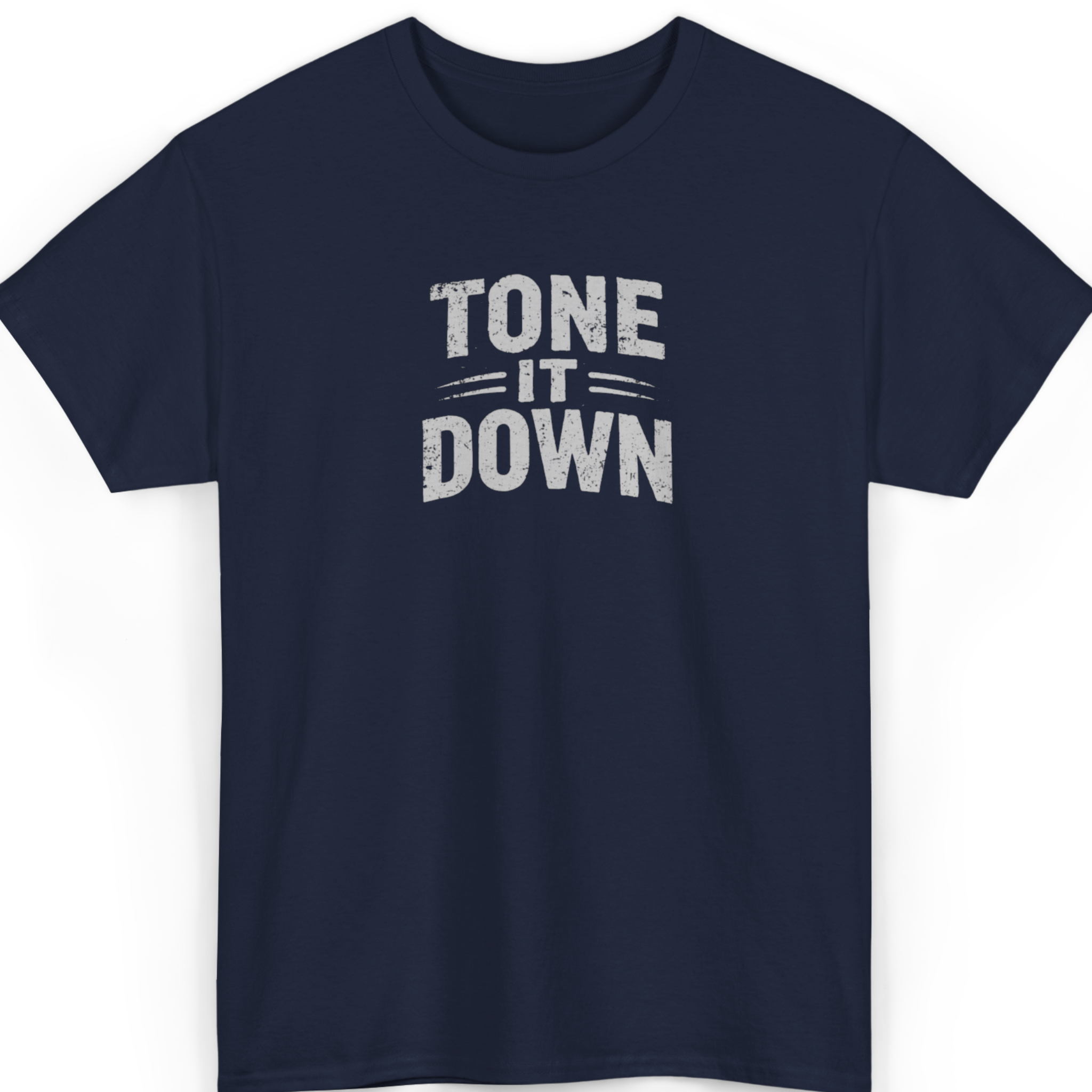 Mayhem Haus Tone It Down T-Shirt in navy blue with distressed white text