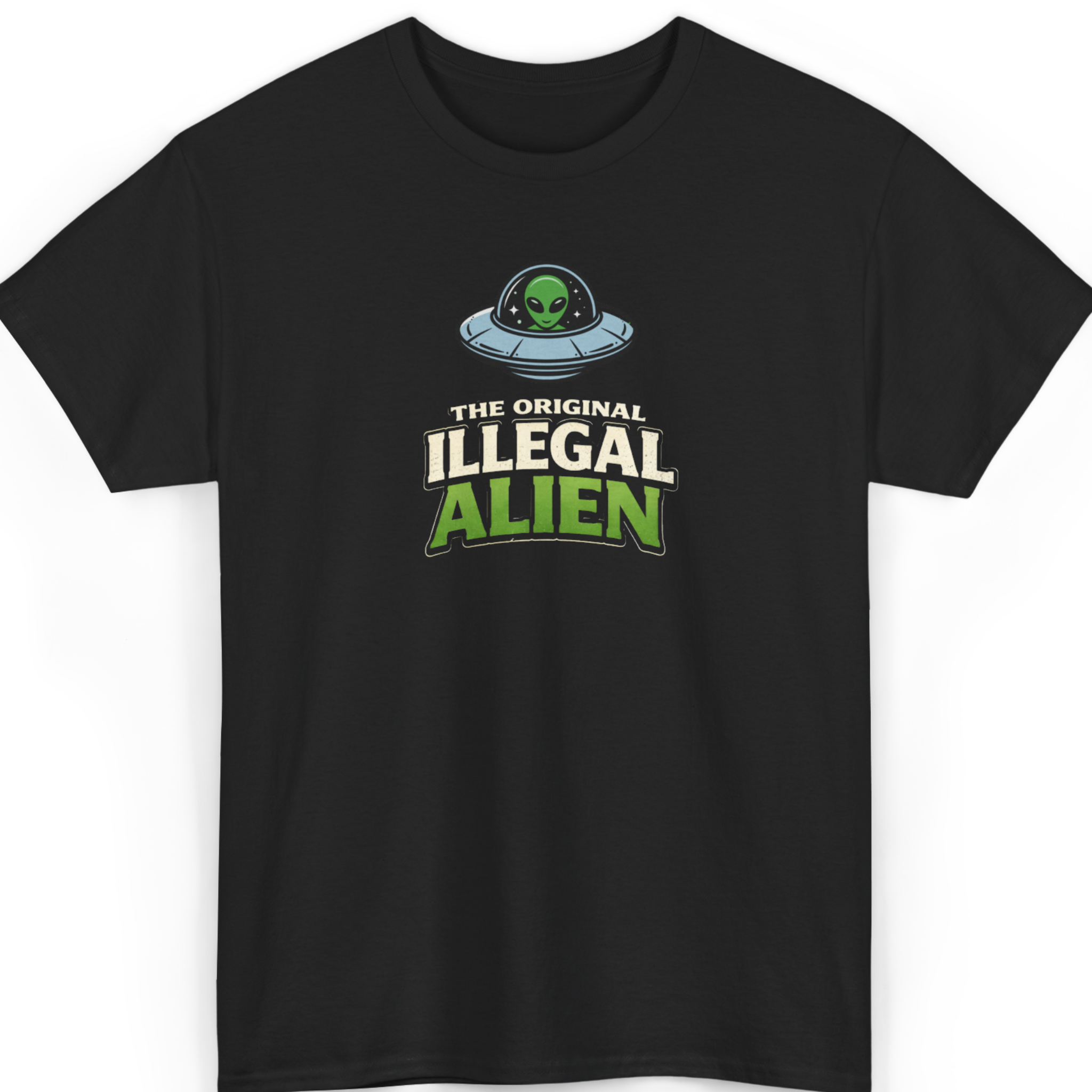 Mayhem Haus The Original Illegal Alien T-Shirt in black with a green alien in a UFO graphic