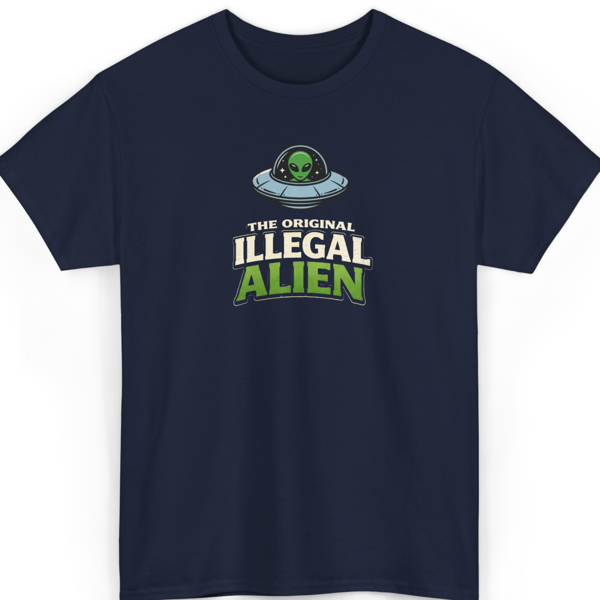 Navy blue t-shirt with 'The Original Illegal Alien' graphic on a white background