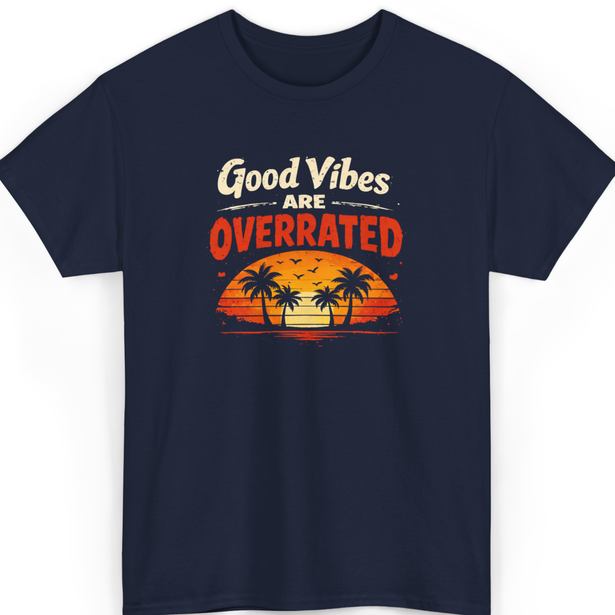 Mayhem Haus Good Vibes Are Overrated T-Shirt in navy with a sunset graphic and palm trees