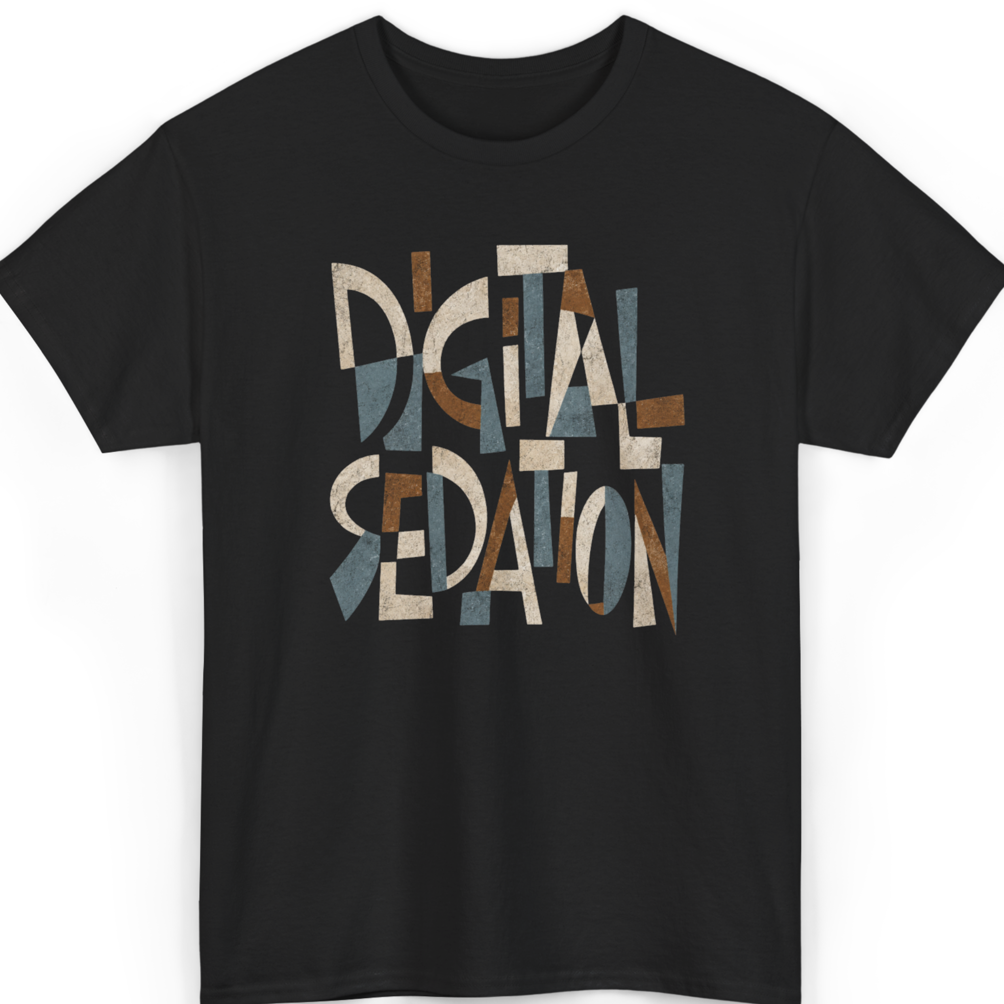 Mayhem Haus Digital Sedation T-Shirt in black with abstract lettering in brown, blue, and cream