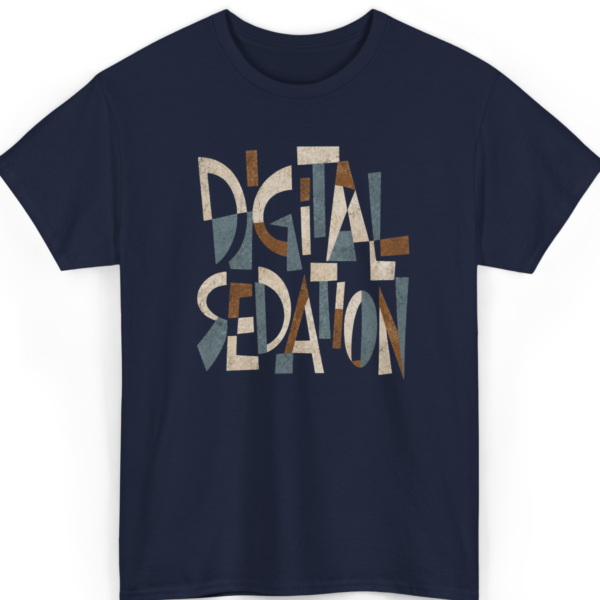 Navy blue t-shirt with 'DIGITAL SEDATION' text design on a white background