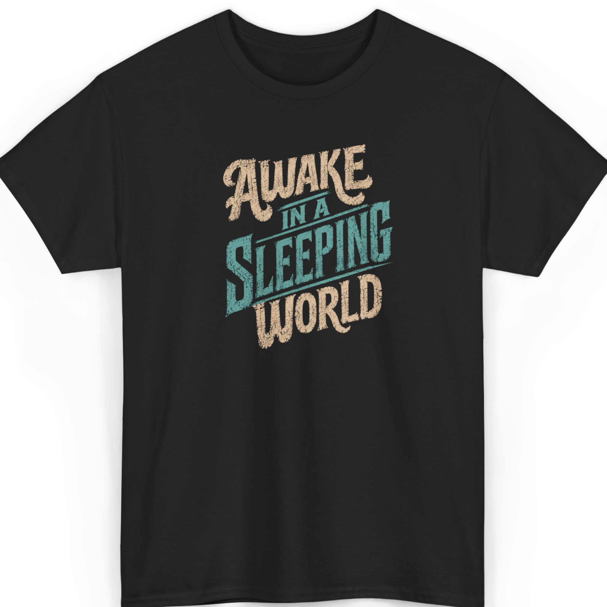 Black t-shirt with 'Awake in a Sleeping World' text design on a white background