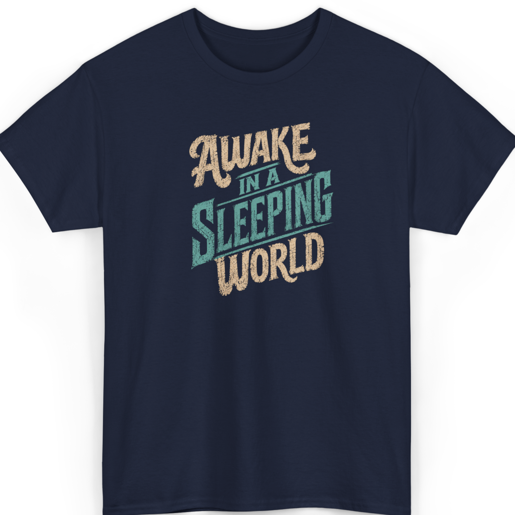Navy blue t-shirt with 'Awake in a Sleeping World' text design on a white background
