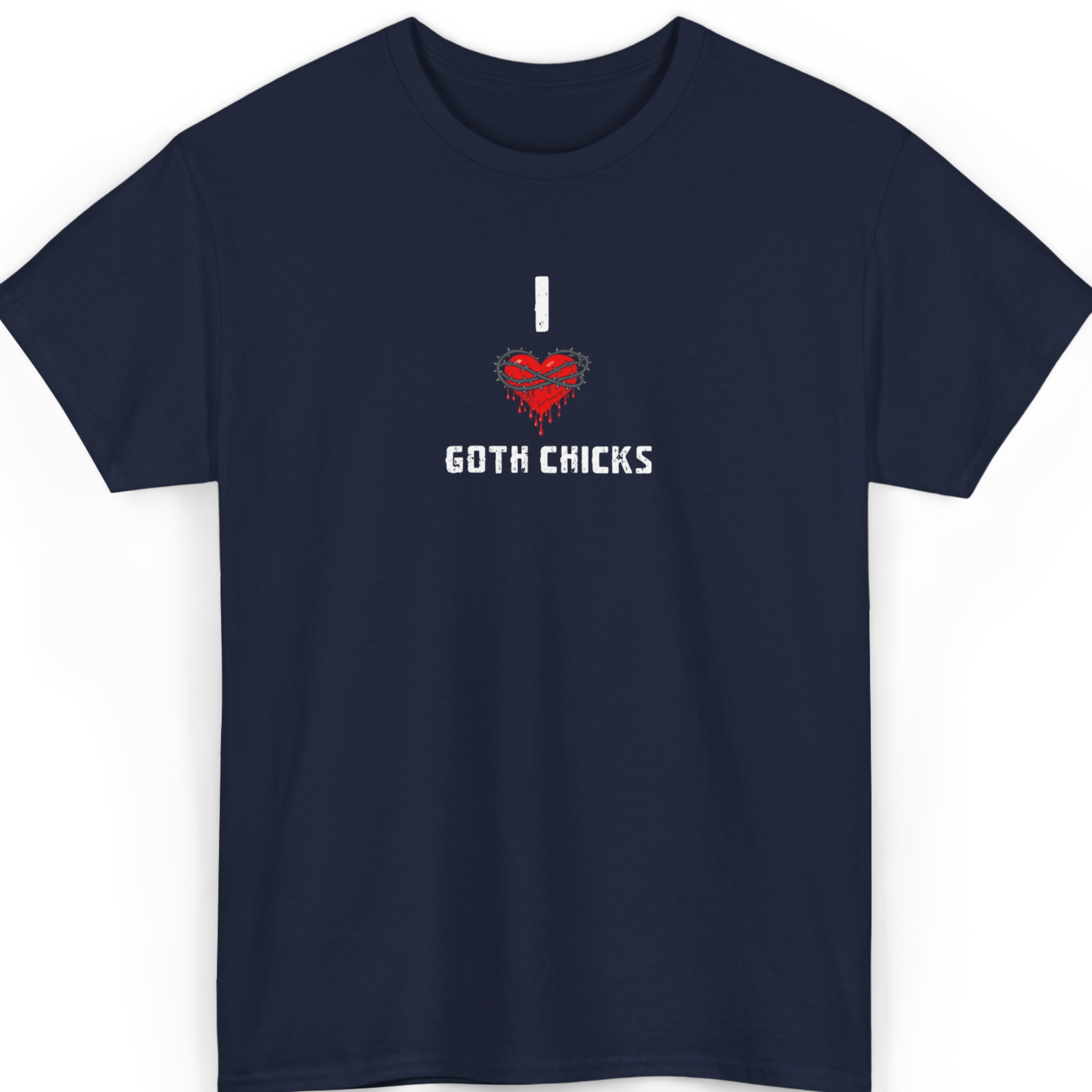 Mayhem Haus I Love Goth Chicks T-Shirt in navy blue with a red heart wrapped in barbed wire
