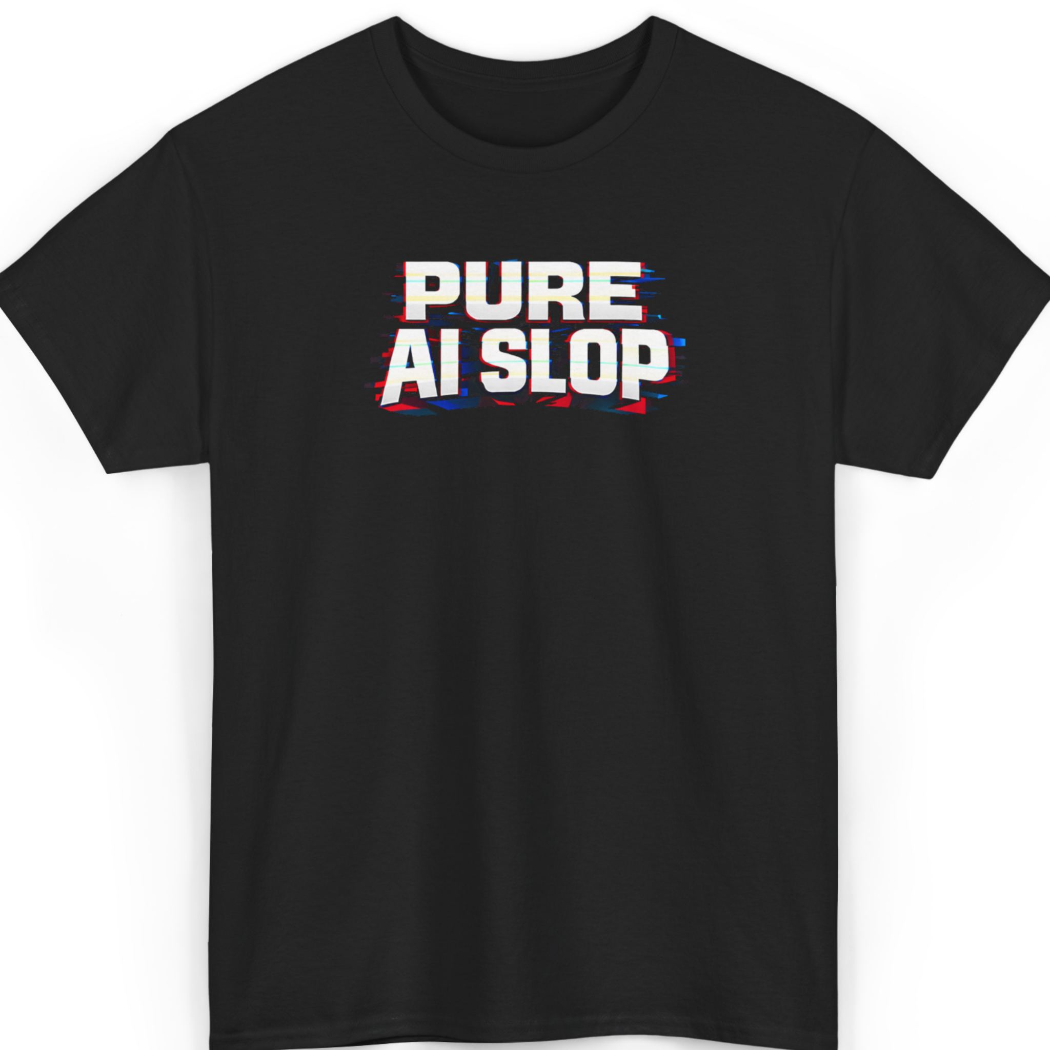 Mayhem Haus PURE AI SLOP T-Shirt in black with glitch effect text