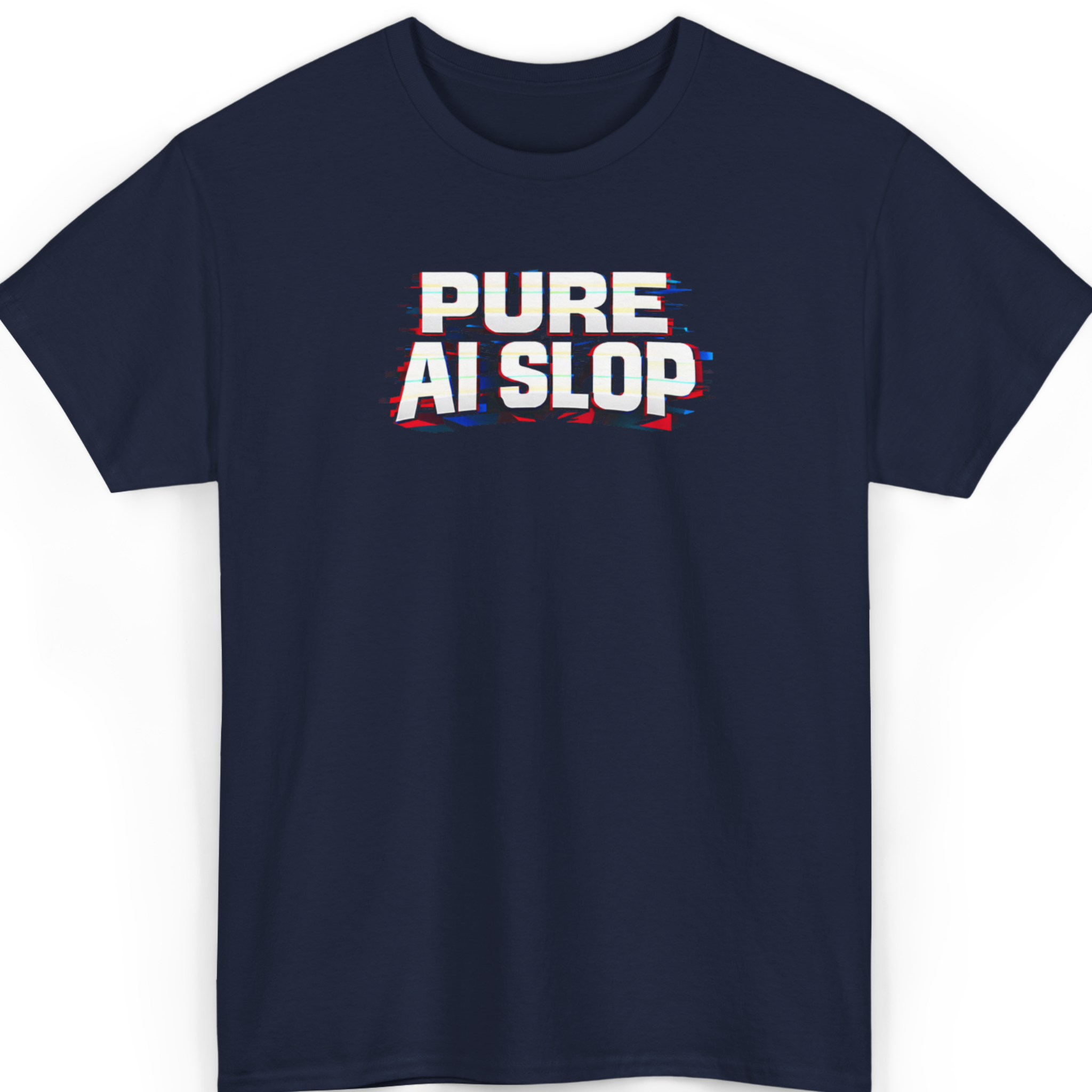 Mayhem Haus PURE AI SLOP T-Shirt in navy with glitch effect text
