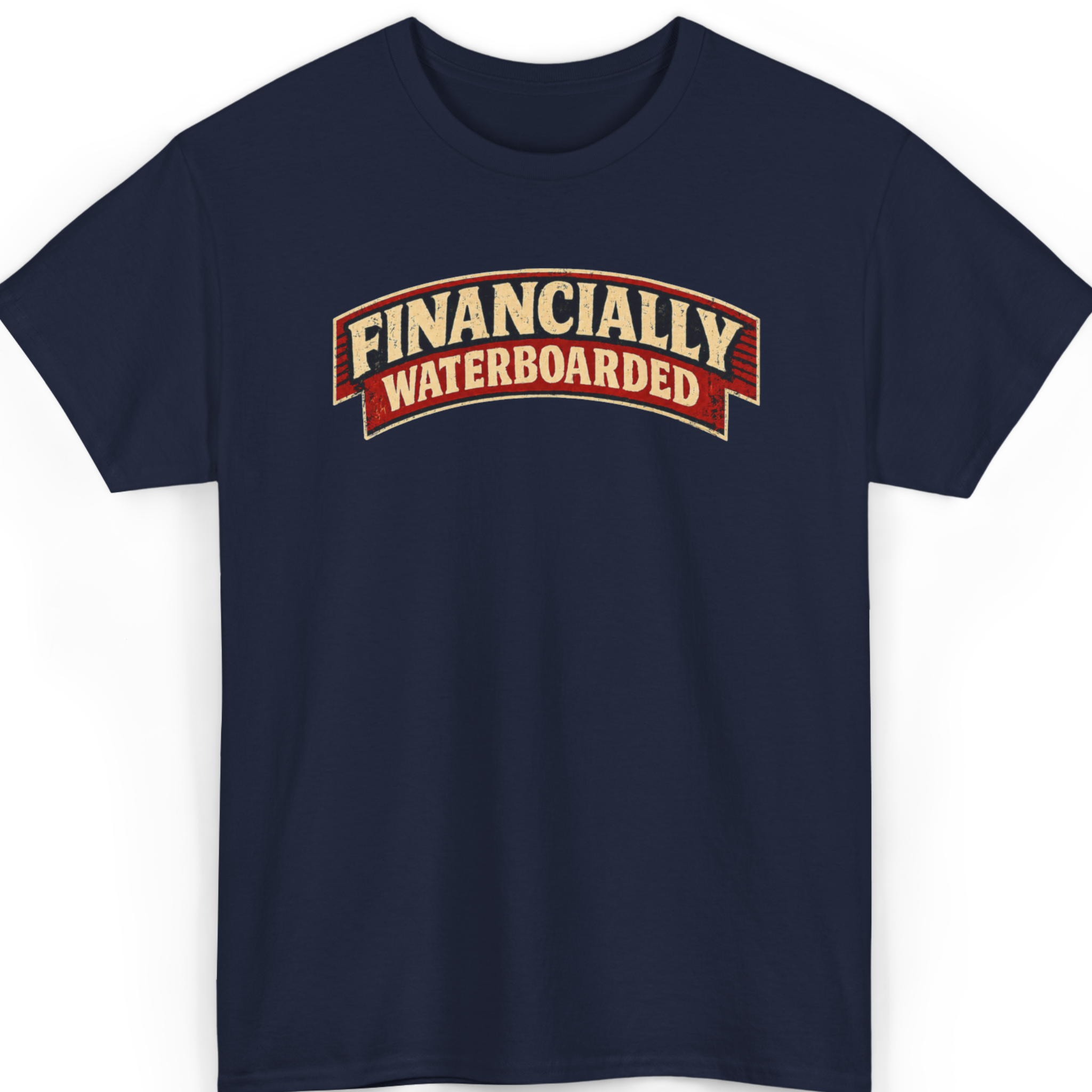 Mayhem Haus Financially Waterboarded T-Shirt in navy with a distressed red and cream graphic