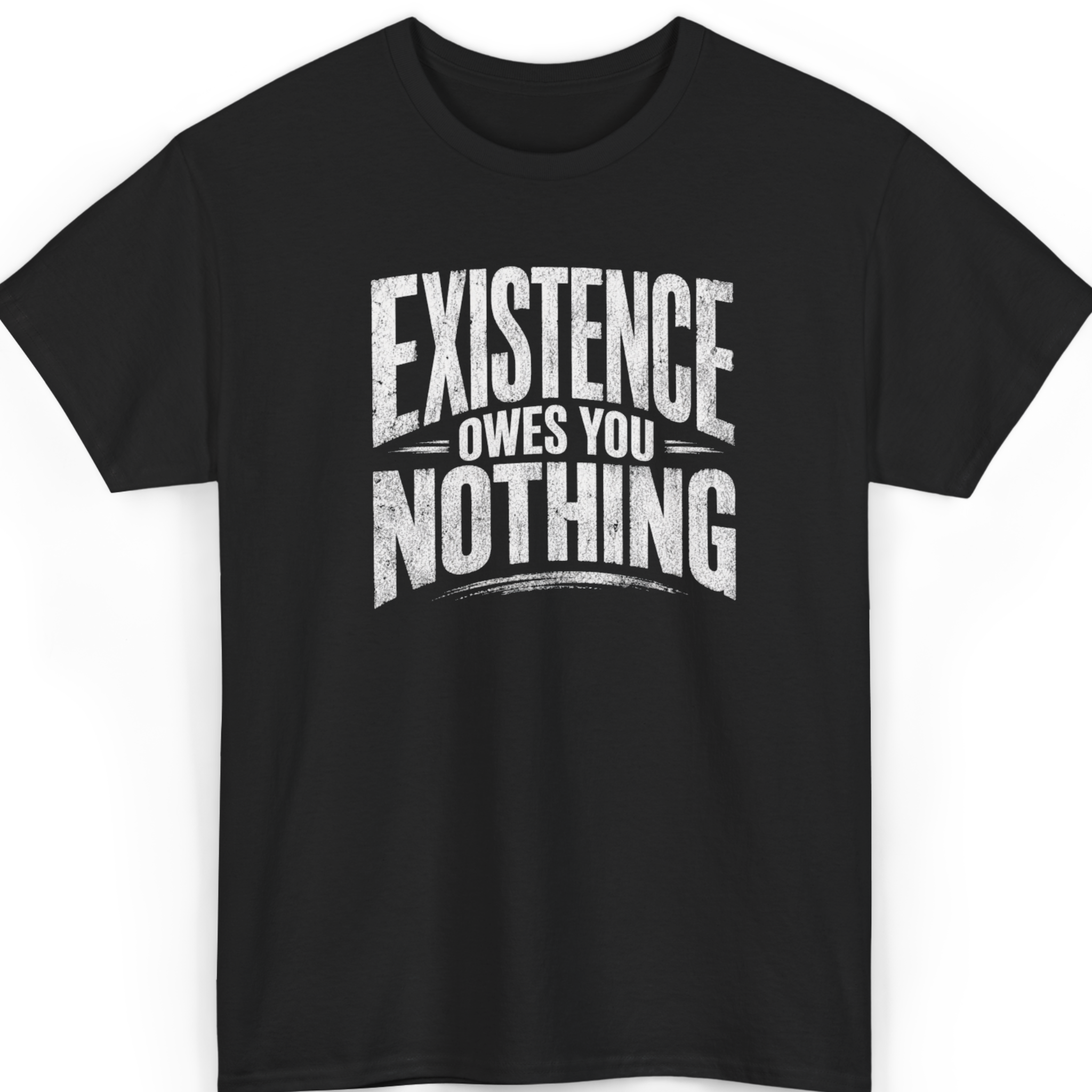 Mayhem Haus Existence Owes You Nothing T-Shirt in black with distressed white text