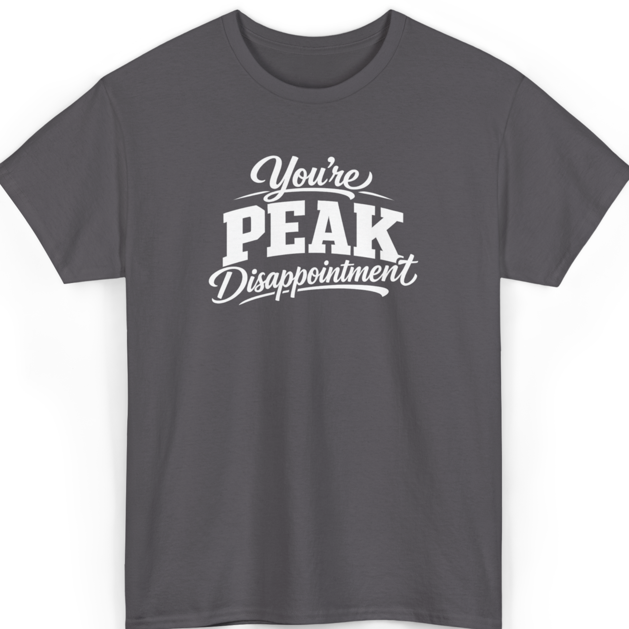Mayhem Haus You're Peak Disappointment T-Shirt in charcoal with white text
