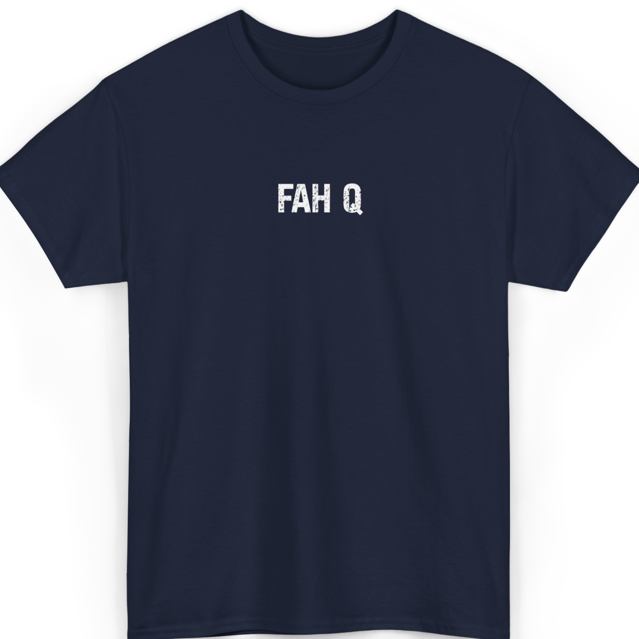 Mayhem Haus FAH Q T-Shirt in navy blue with distressed white text