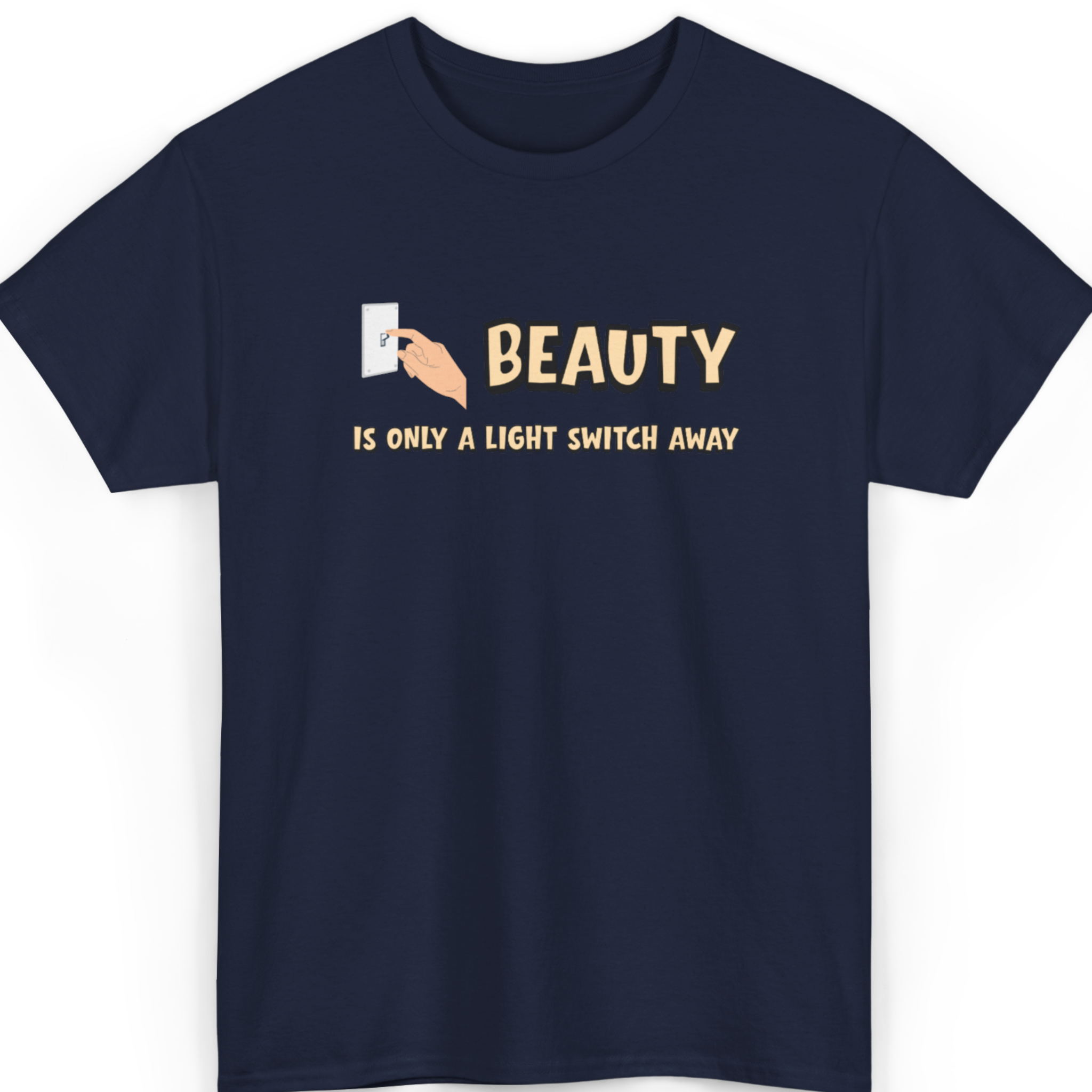 Mayhem Haus Beauty Is Only a Light Switch Away T-Shirt in navy blue with a graphic of a hand flipping a light switch