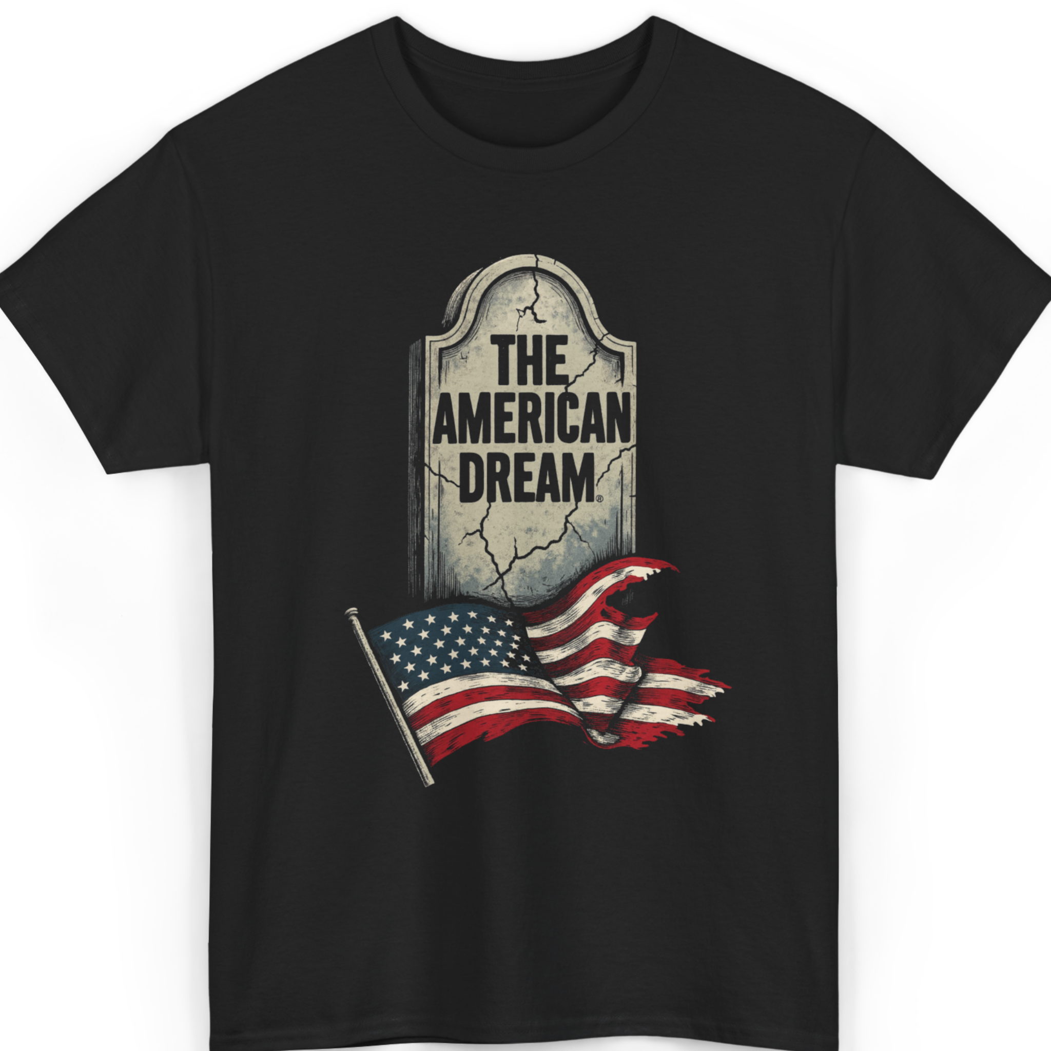 Mayhem Haus The American Dream T-Shirt with a tombstone and a tattered American flag