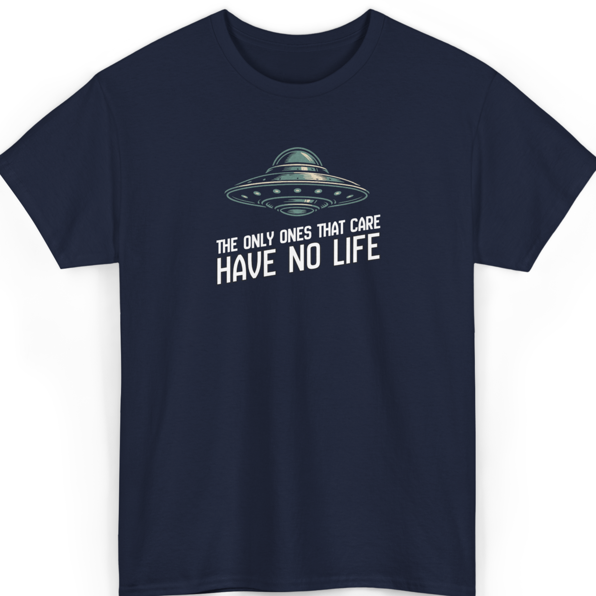 Mayhem Haus The Only Ones That Care Have No Life t-shirt in navy with a UFO graphic