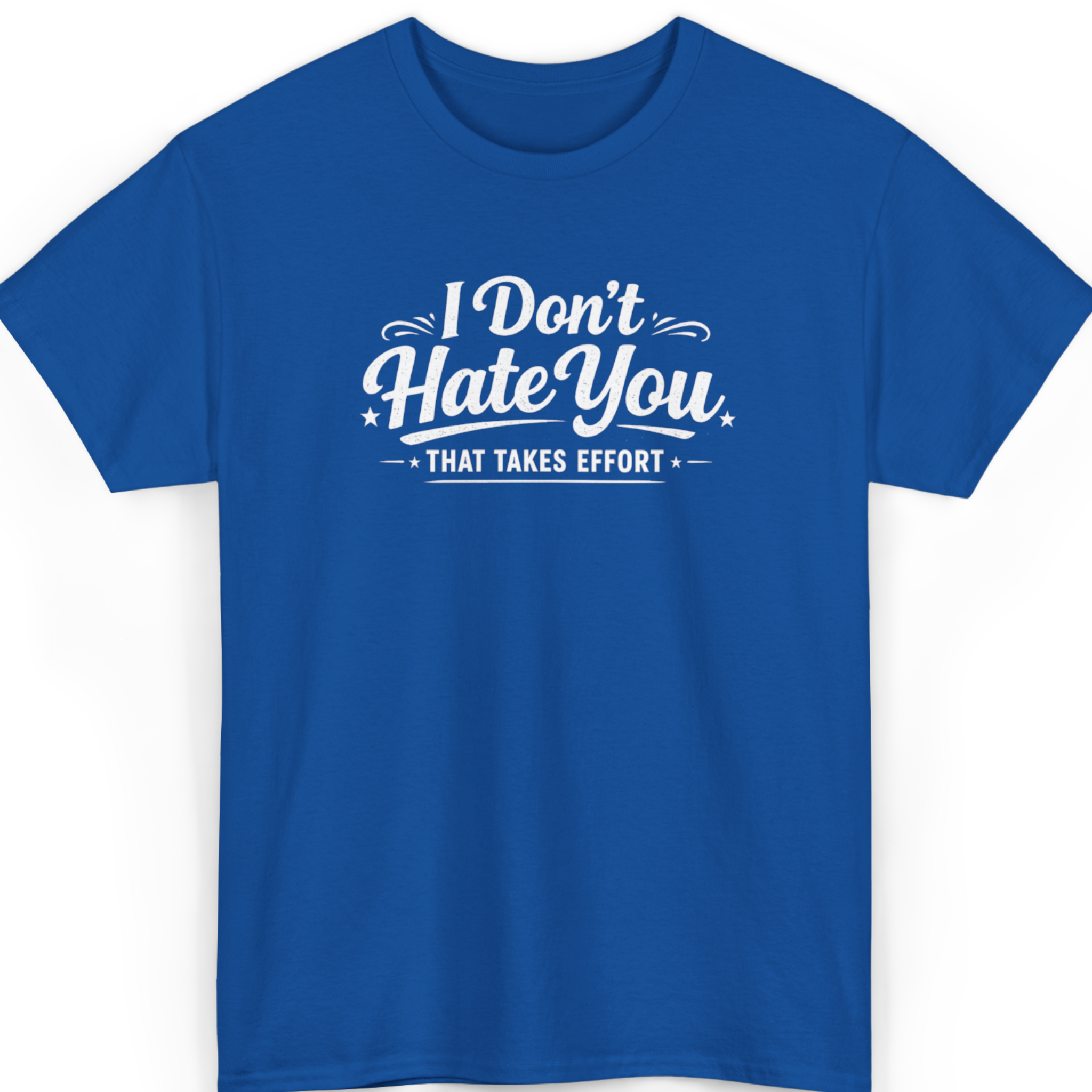 Mayhem Haus I Don't Hate You T-Shirt in blue with white text