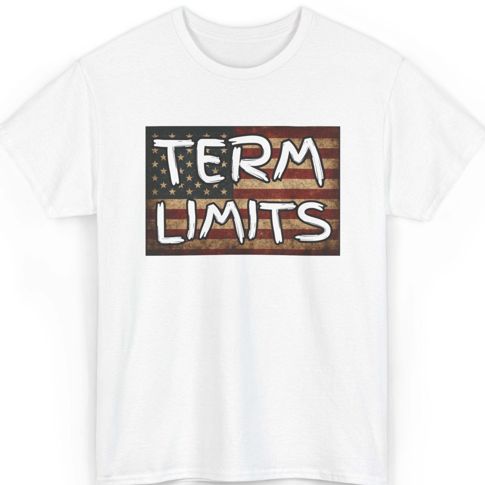 Mayhem Haus Term Limits T-Shirt with an American flag graphic and white text