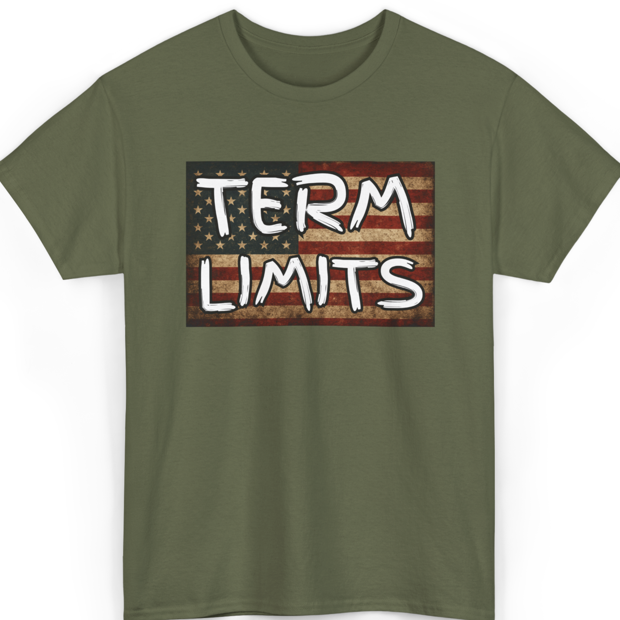 Mayhem Haus Term Limits T-Shirt in olive green with an American flag graphic