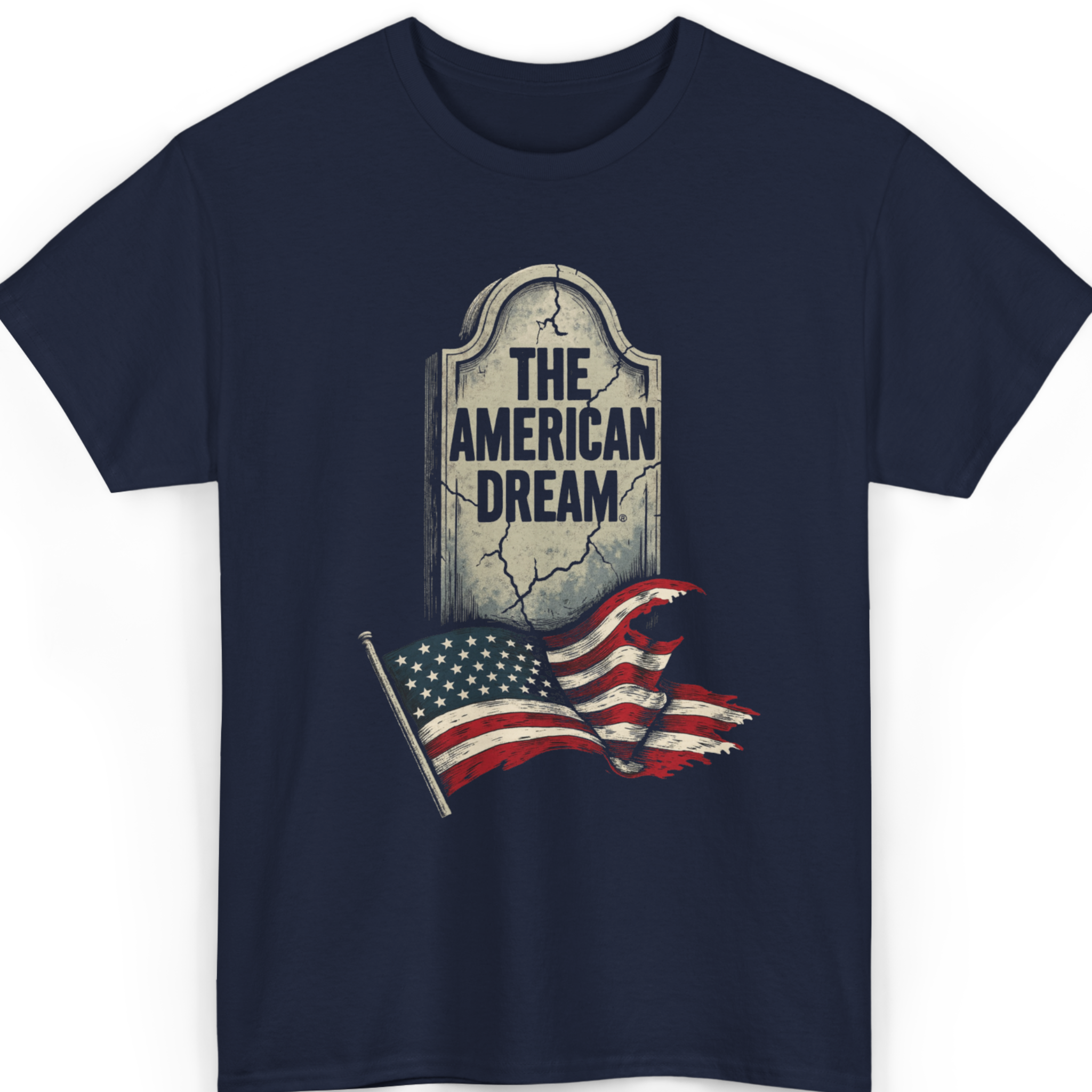 Mayhem Haus The American Dream T-Shirt with a tombstone and a distressed American flag