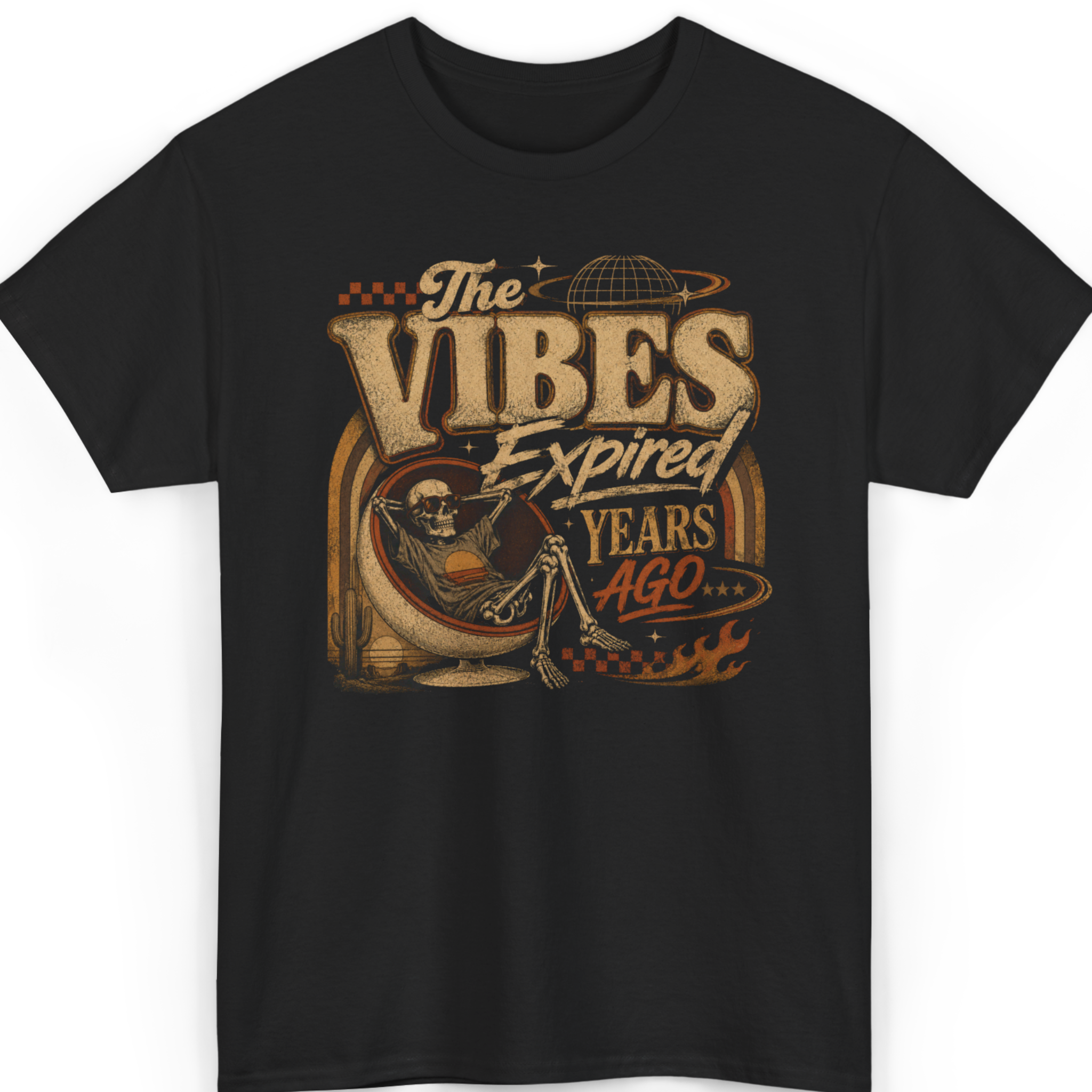 Black t-shirt with 'The Vibes Expired Years Ago' graphic design on a white background