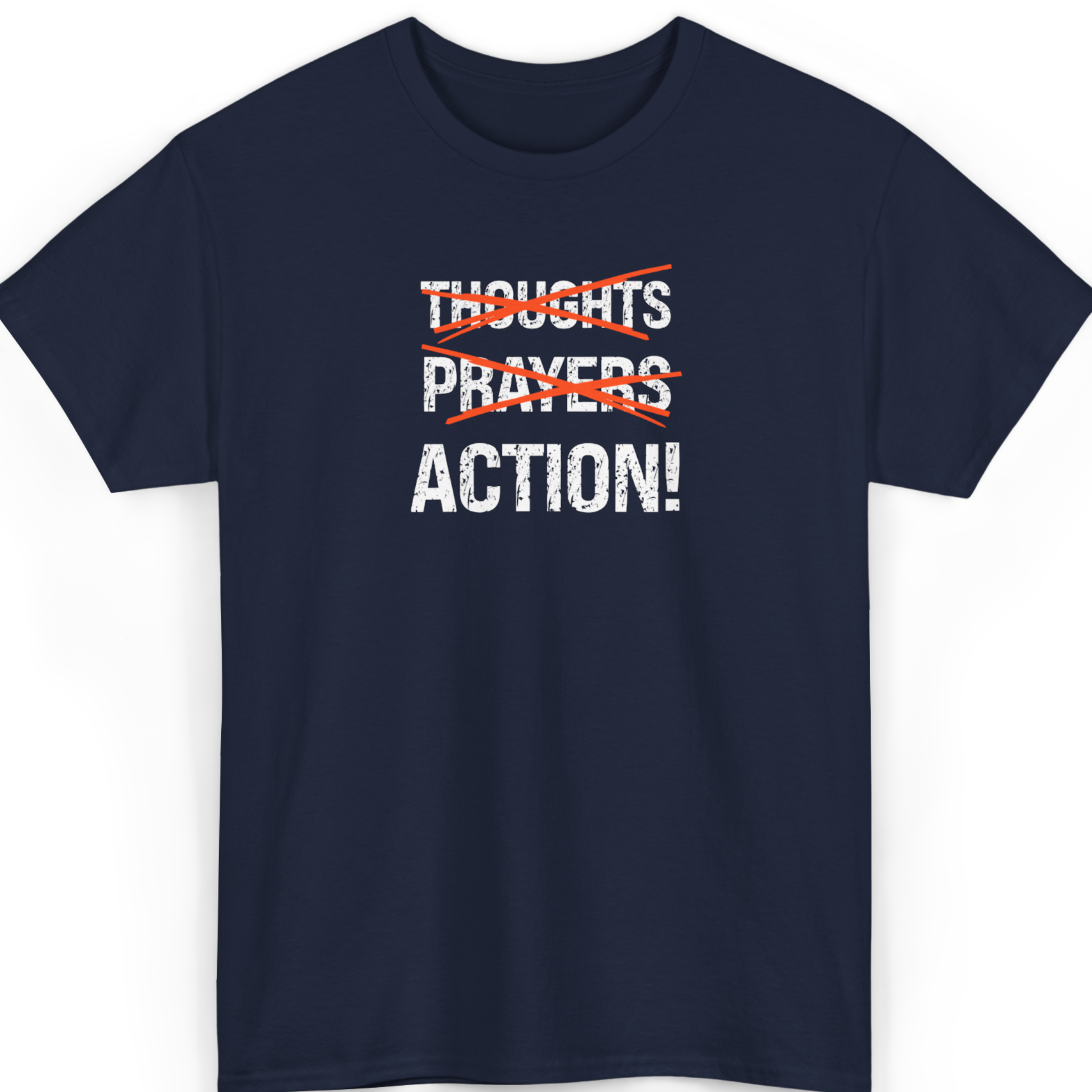 Mayhem Haus Thoughts Prayers Action T-Shirt in navy with crossed out words Thoughts and Prayers