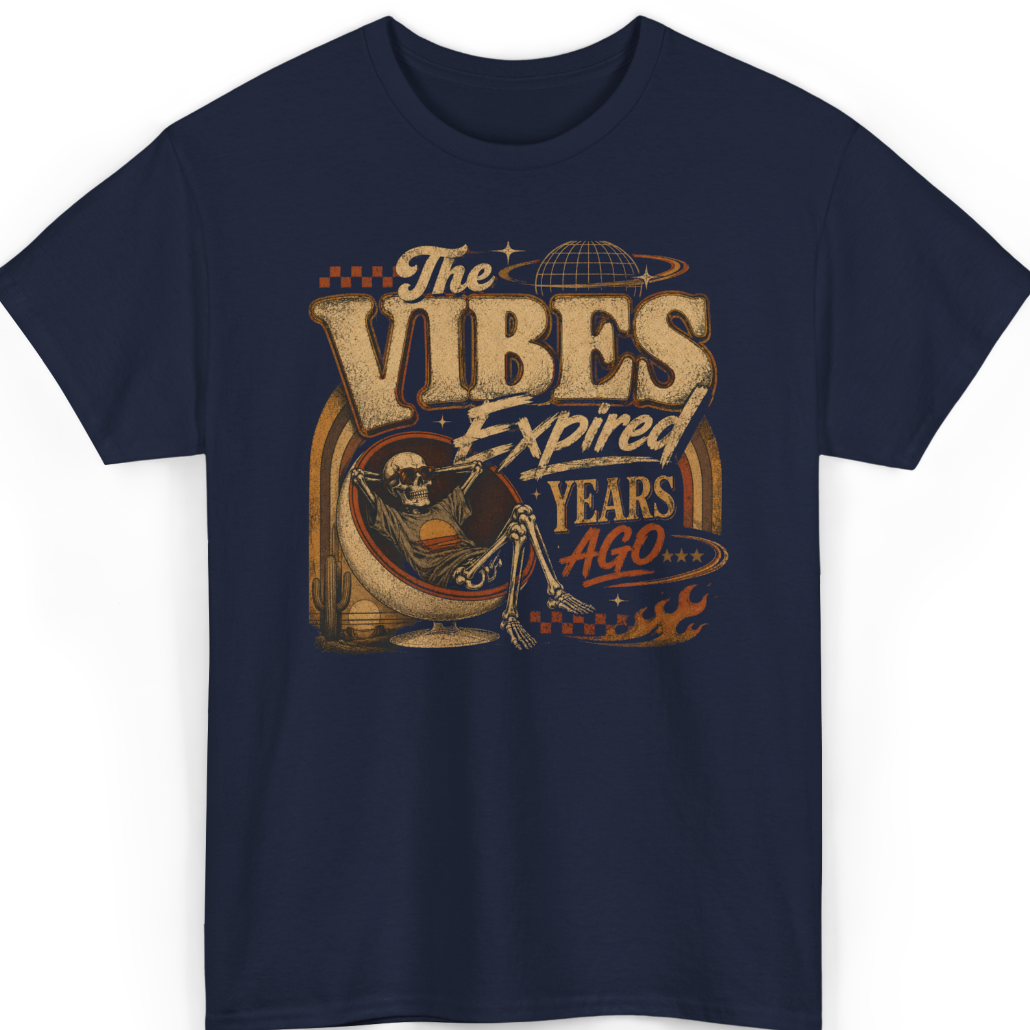 Mayhem Haus The Vibes Expired Years Ago T-Shirt in navy with a skeleton in a chair graphic