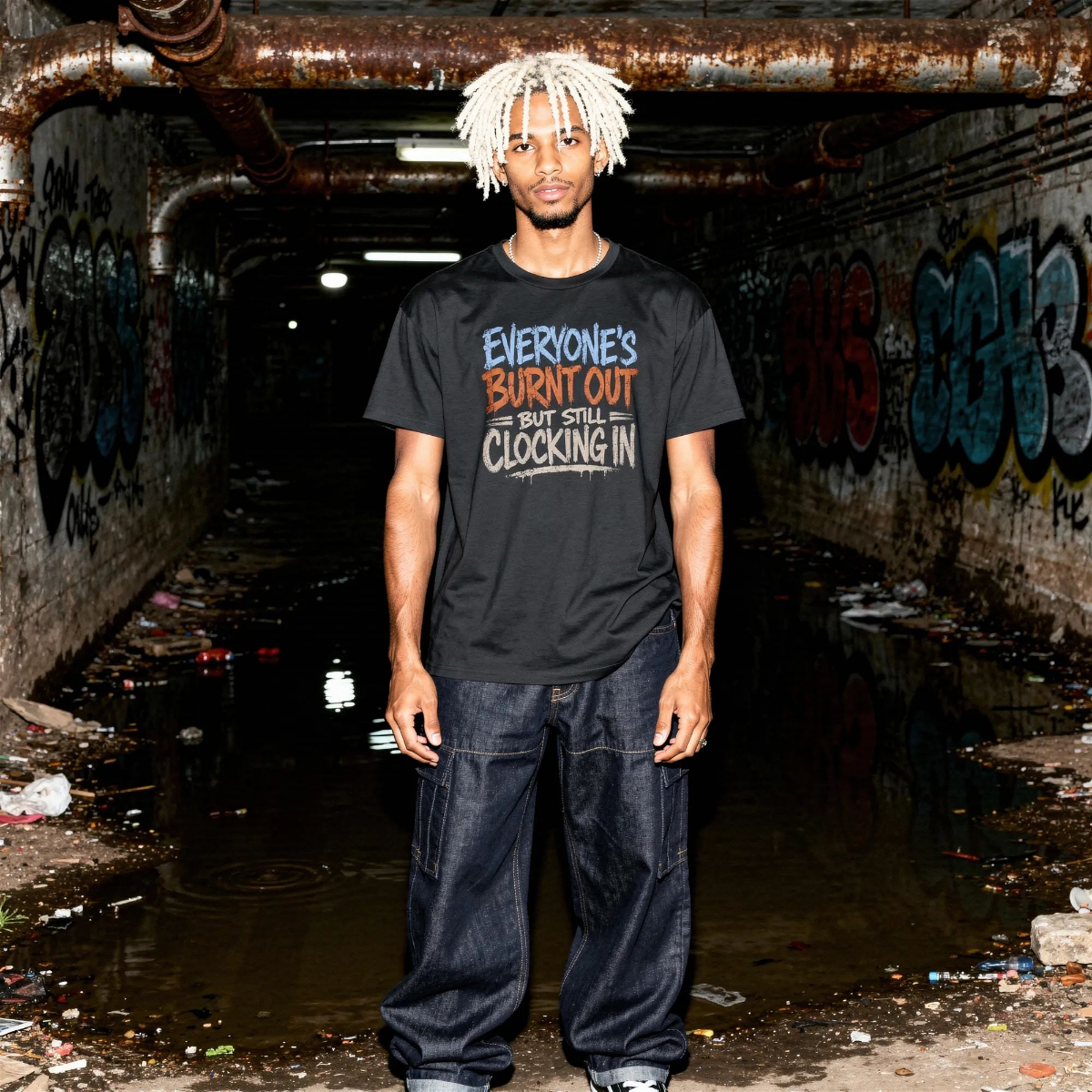 Mayhem Haus Everyone’s Burnt Out But Still Clocking In T-Shirt on a person in a tunnel