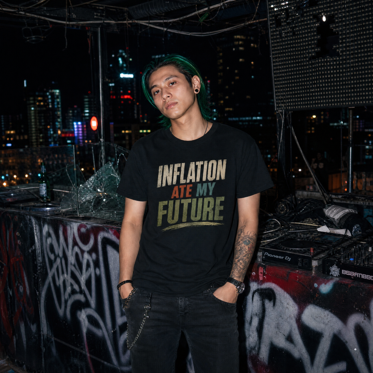 Mayhem Haus Inflation Ate My Future T-Shirt on a person with green hair at night