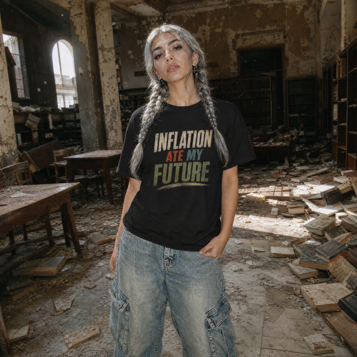 Mayhem Haus Inflation Ate My Future T-Shirt worn by a woman with braided hair in a derelict room