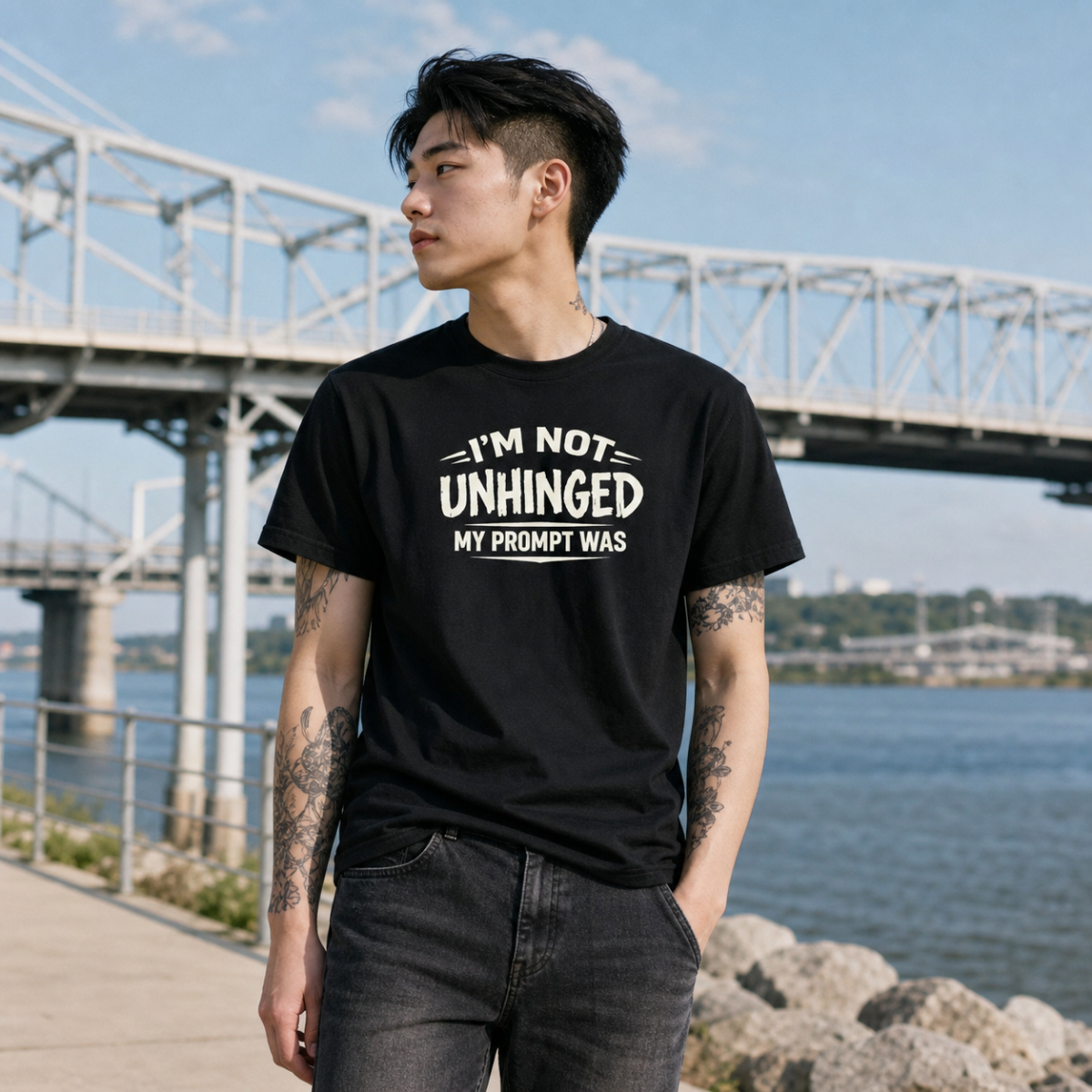 Mayhem Haus I'm Not Unhinged My Prompt Was T-Shirt on a person by a river and bridge