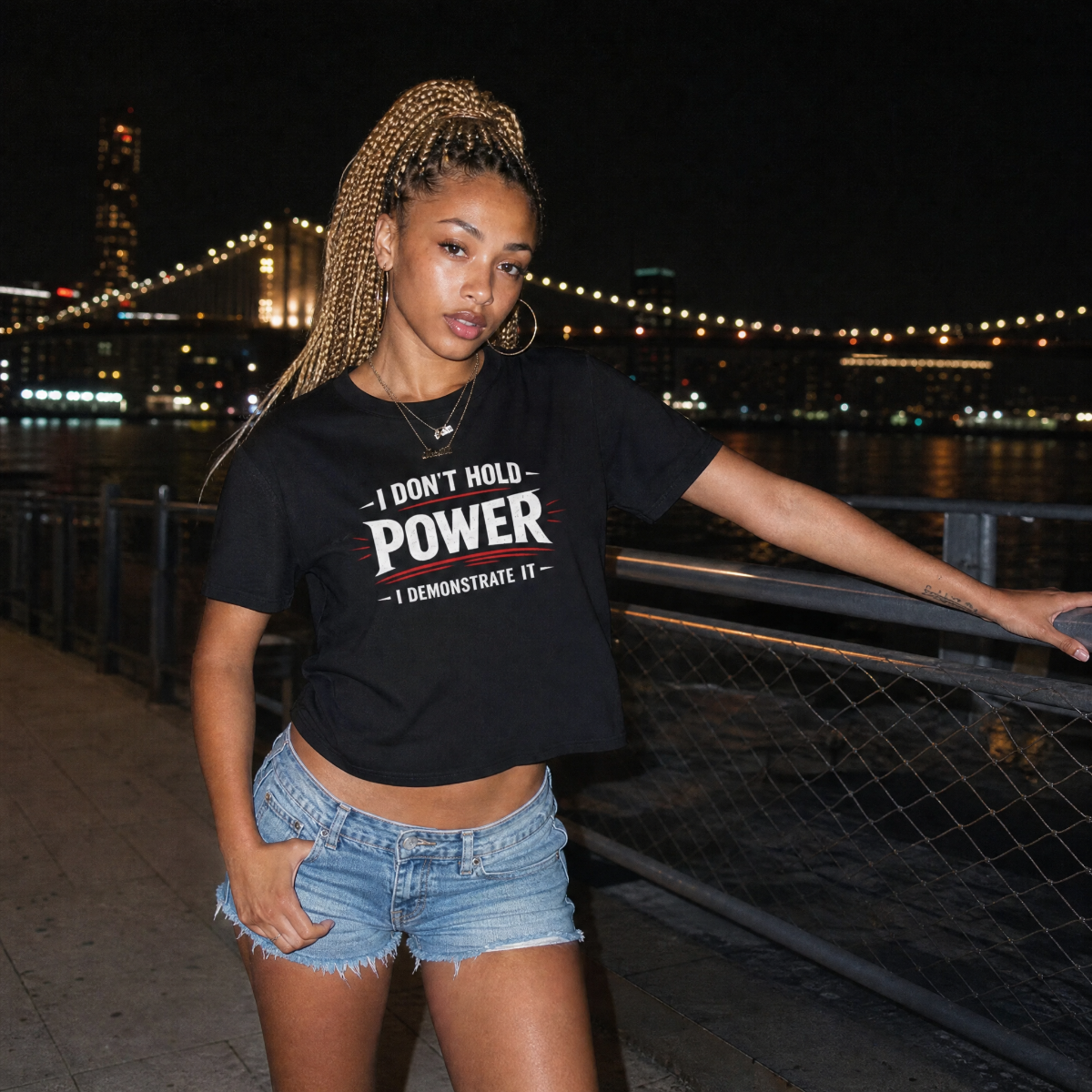 Mayhem Haus I Don’t Hold Power. I Demonstrate It. T-Shirt on a model at night