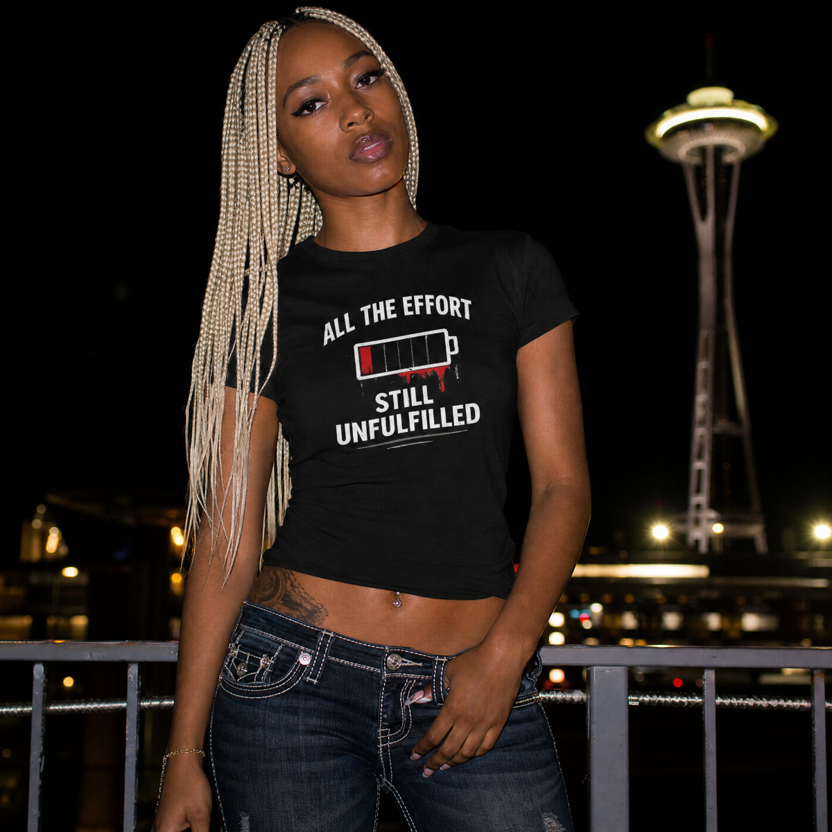 Mayhem Haus All The Effort… Still Unfulfilled T-Shirt on a model with the Seattle Space Needle