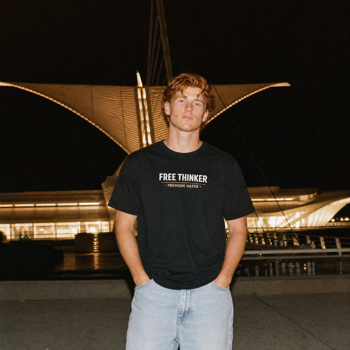 Mayhem Haus Free Thinker Premium Hater T-Shirt on a person at night