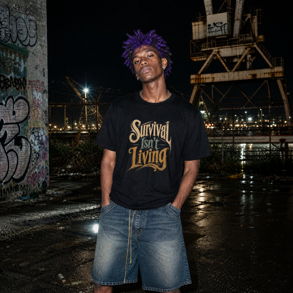 Mayhem Haus Survival Isn't Living T-Shirt on a person with purple hair at night