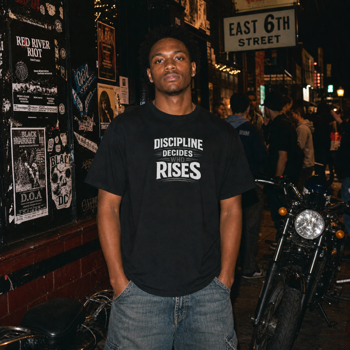 Mayhem Haus Discipline Decides Who Rises T-Shirt in black, worn by a man standing on East 6th Street