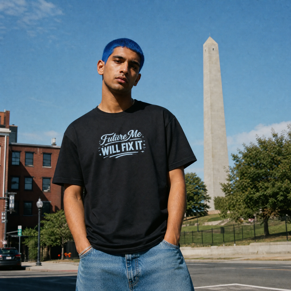 Mayhem Haus Future Me Will Fix It T-Shirt in black with blue text, worn by a person with blue hair