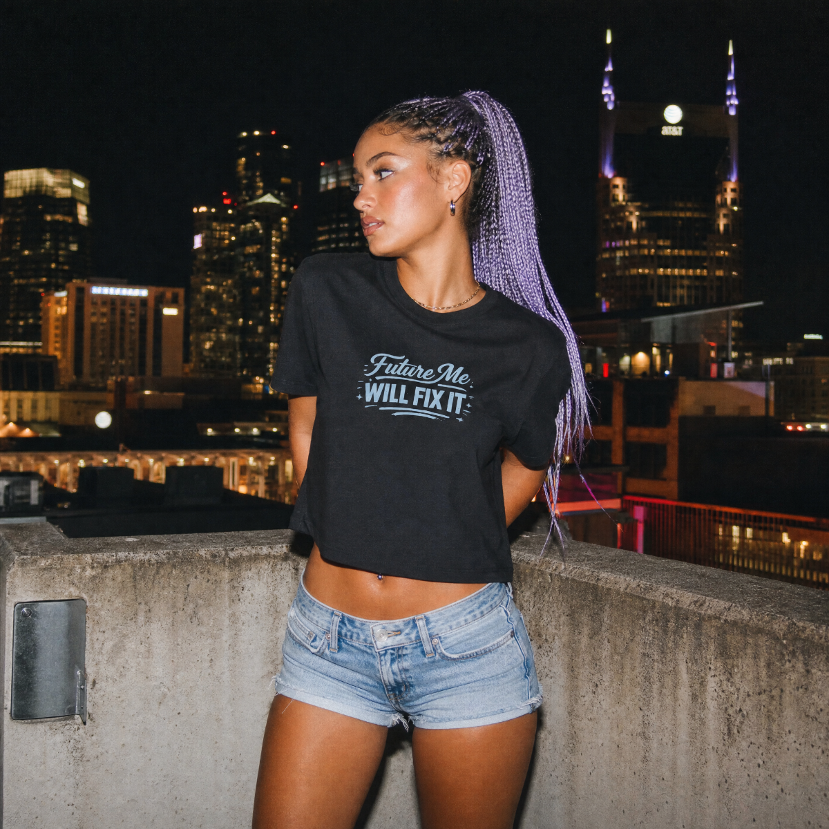 Mayhem Haus Future Me Will Fix It T-Shirt in black with purple braids and city lights