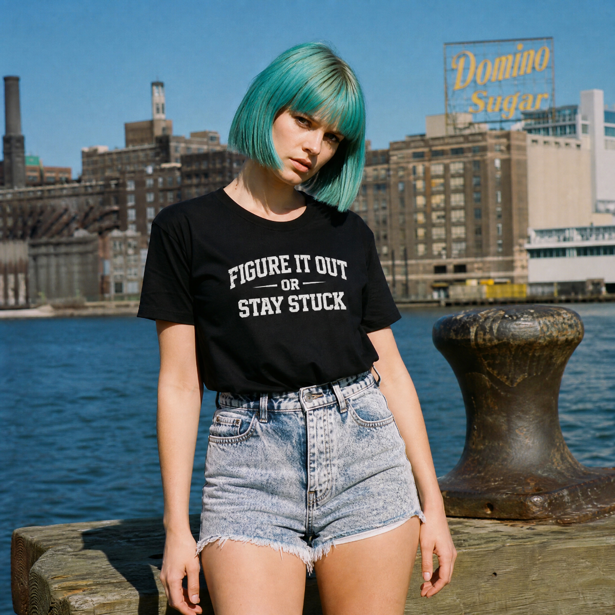 Mayhem Haus Figure It Out Or Stay Stuck T-Shirt on a person with blue hair, standing by water