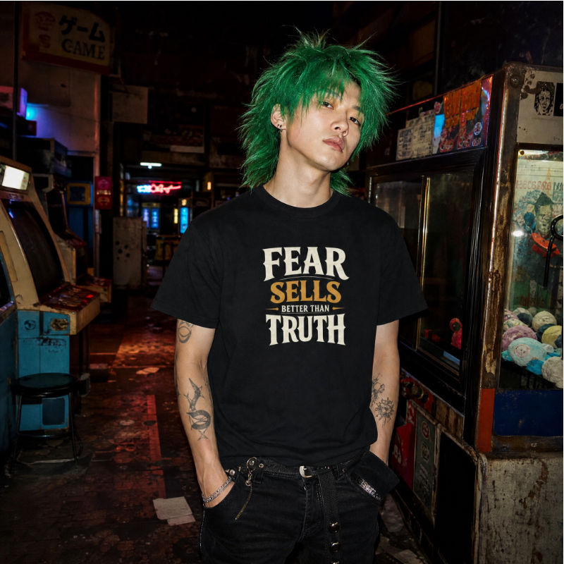 Mayhem Haus Fear Sells Better Than Truth T-Shirt on a person with green hair in an arcade