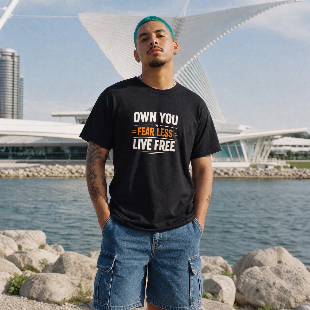 Mayhem Haus Own You Fear Less Live Free T-Shirt on a man with blue hair by the water