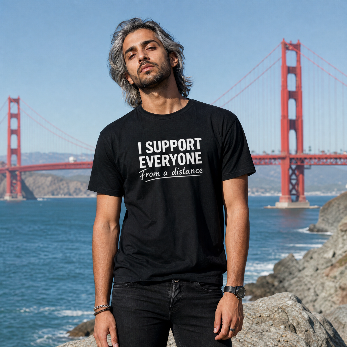 Mayhem Haus I Support Everyone From a Distance T-Shirt on a man with the Golden Gate Bridge in background
