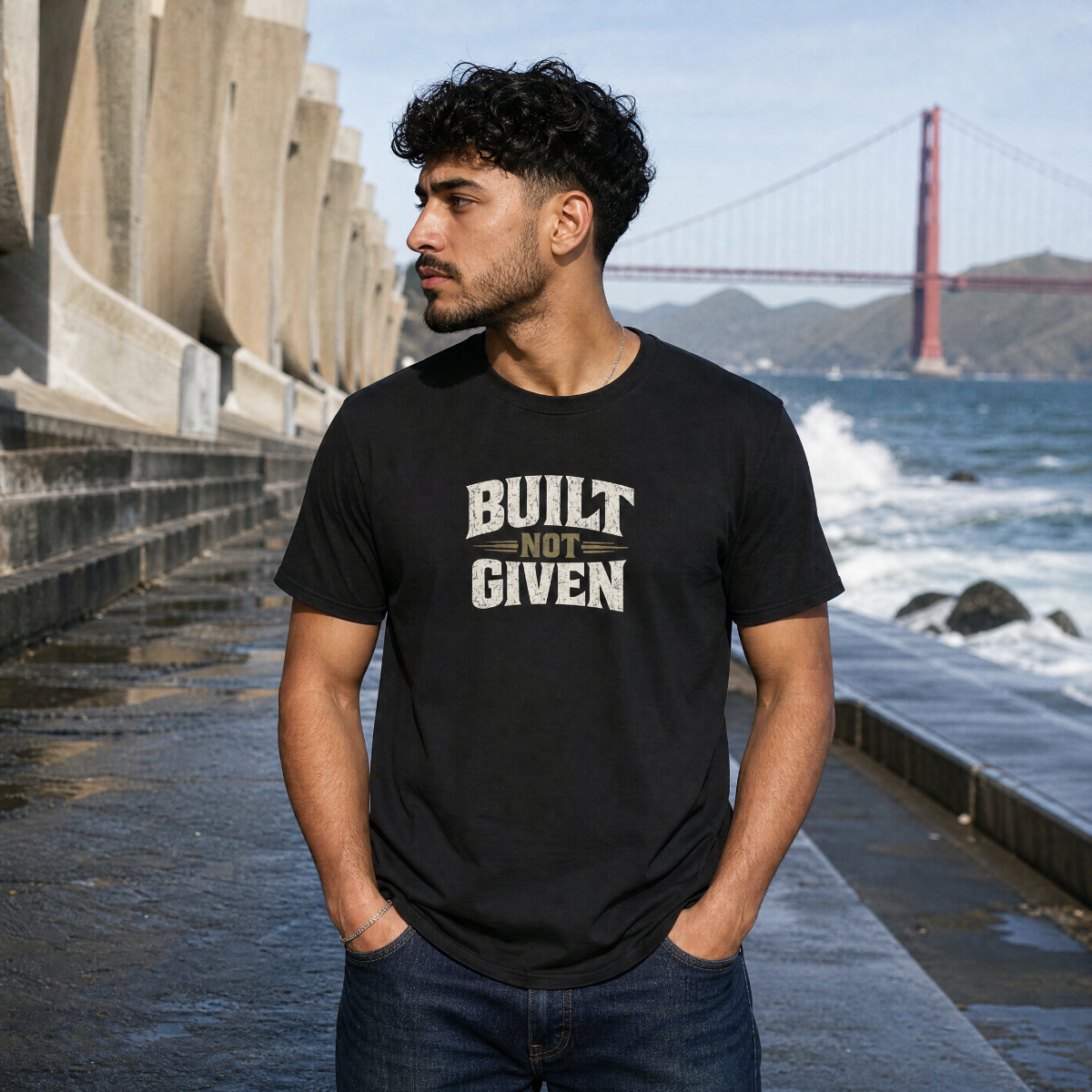 Mayhem Haus Built Not Given T-Shirt in black on a man by the water with a bridge in the background