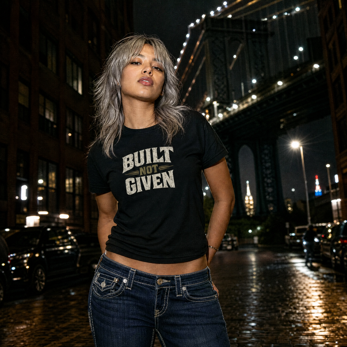 Mayhem Haus Built Not Given T-Shirt worn by a woman with a city bridge in the background