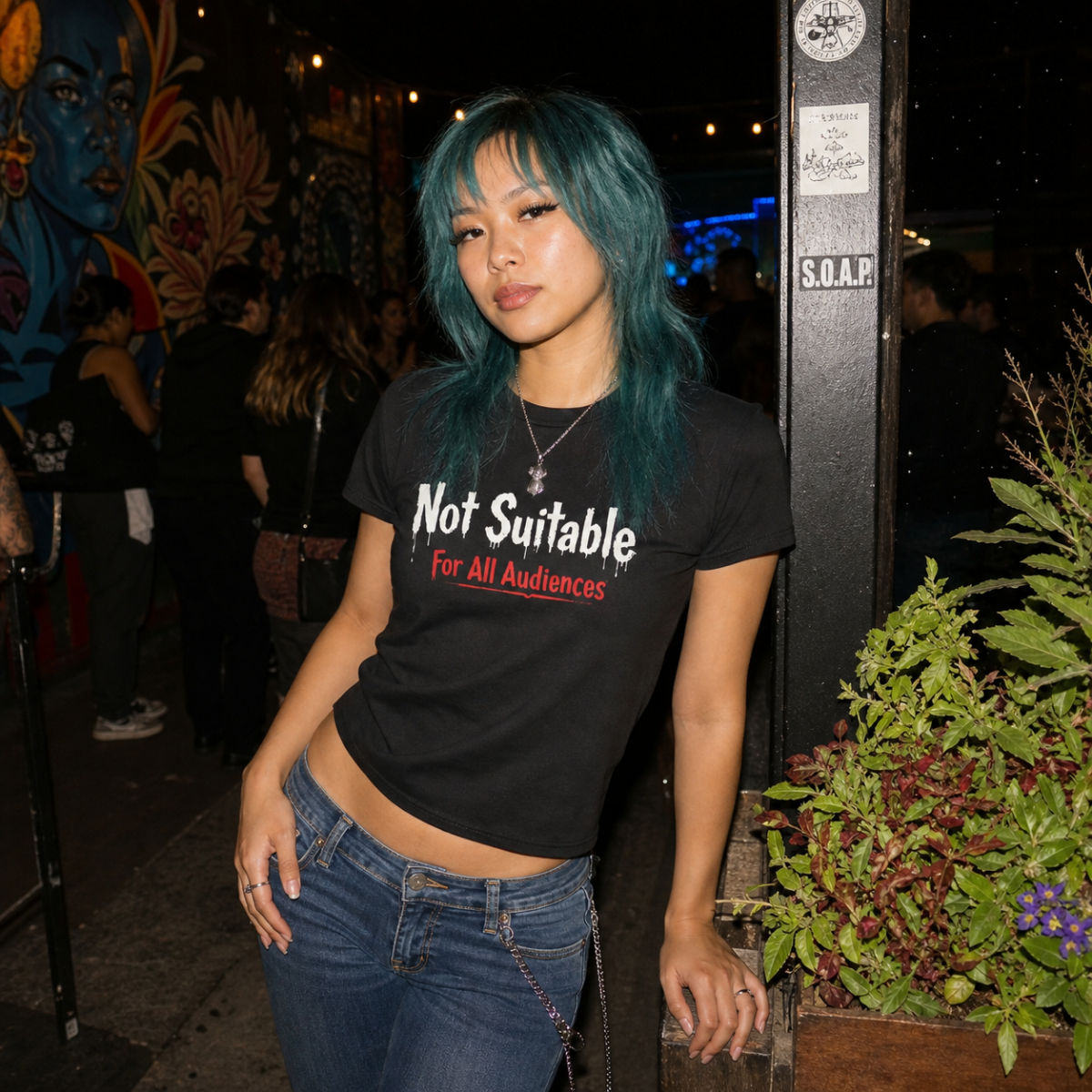 Mayhem Haus Not Suitable for All Audiences T-Shirt on a person with teal hair