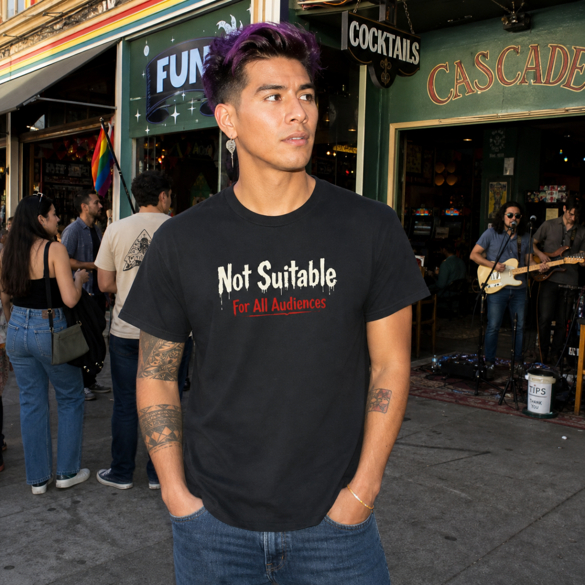 Mayhem Haus Not Suitable for All Audiences T-Shirt on a person with purple hair