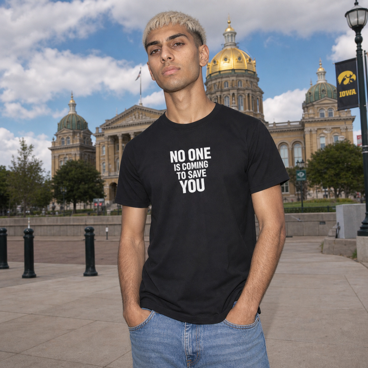 Mayhem Haus No One Is Coming To Save You T-Shirt in black with white text