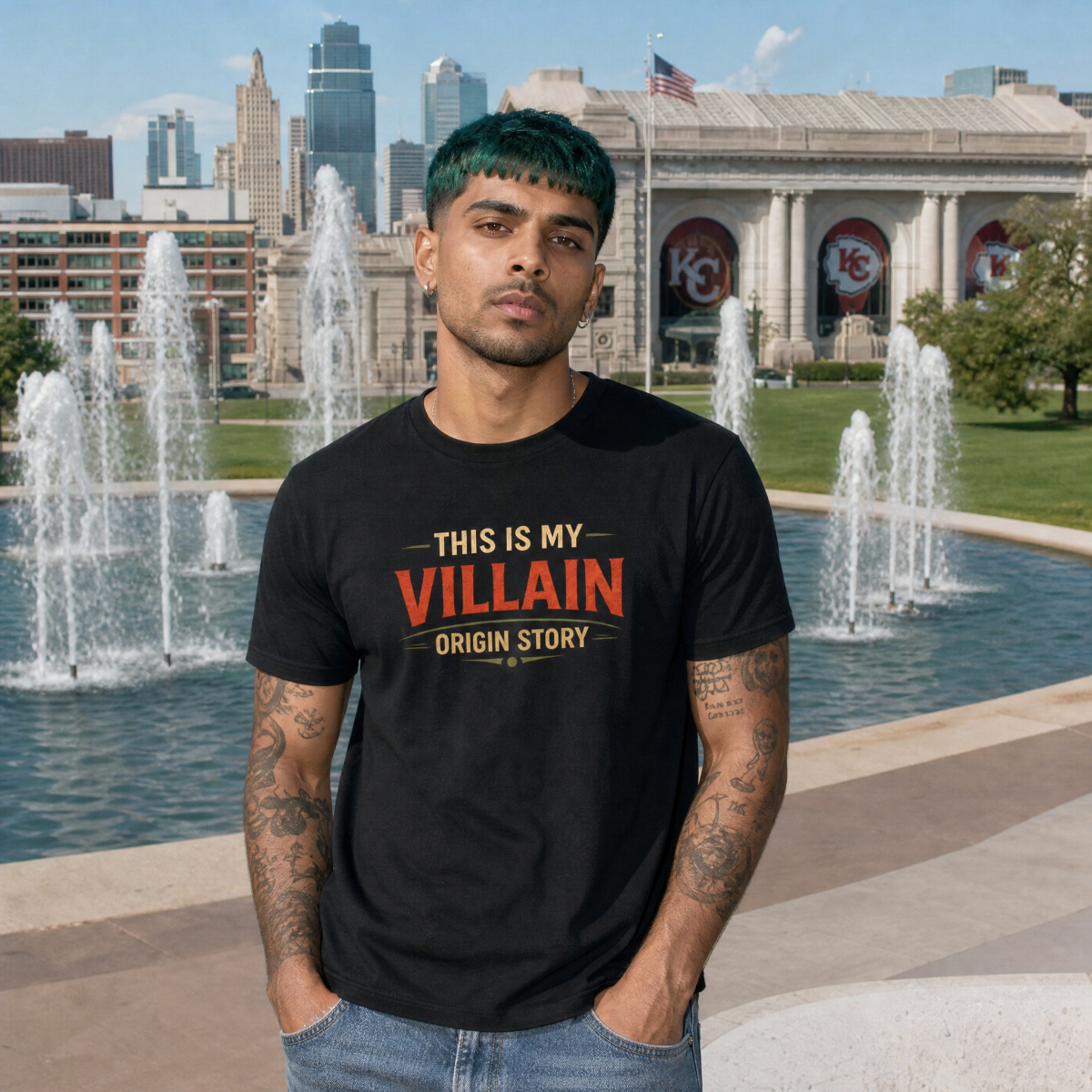 Mayhem Haus This Is My Villain Origin Story T-Shirt worn by a man with green hair